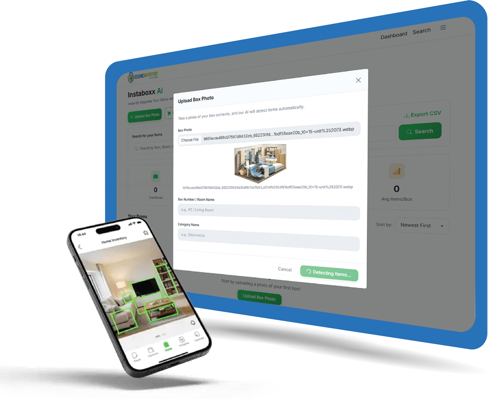 A smartphone showing a home inventory app next to a computer screen showing an "Instaboxx AI" upload dashboard.