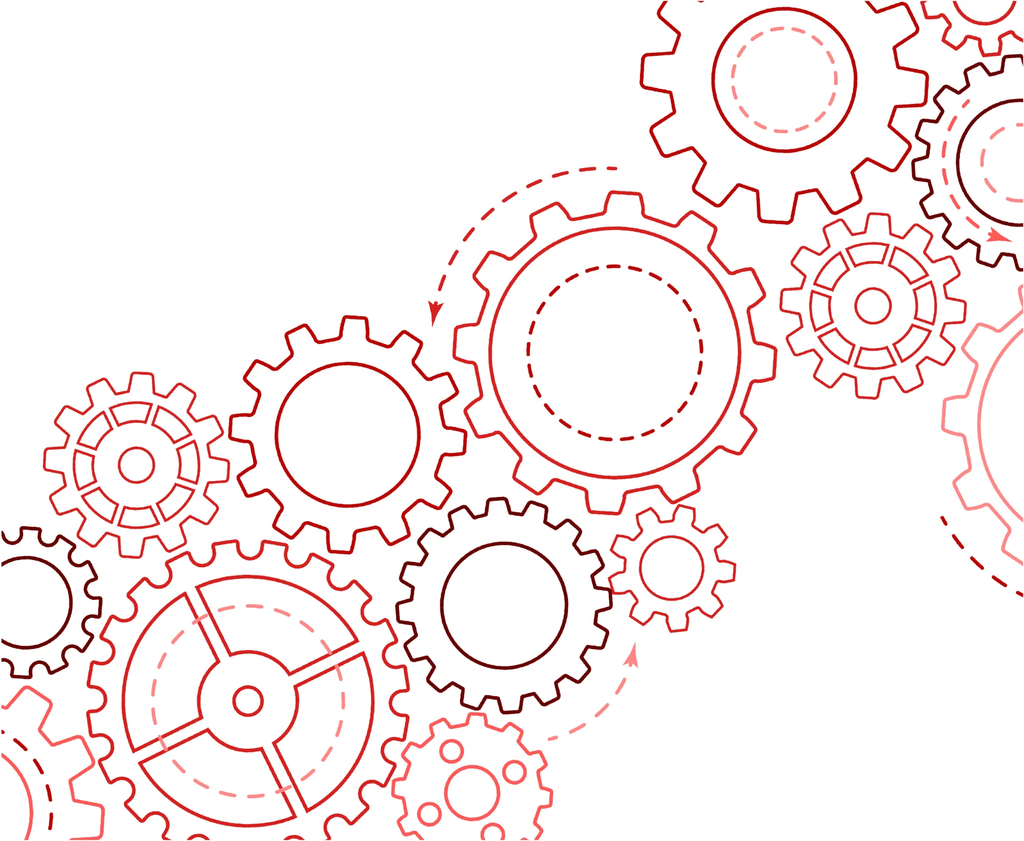 An abstract red and white line art illustration featuring an interconnected cluster of various-sized gears and cogs moving together dynamically.
