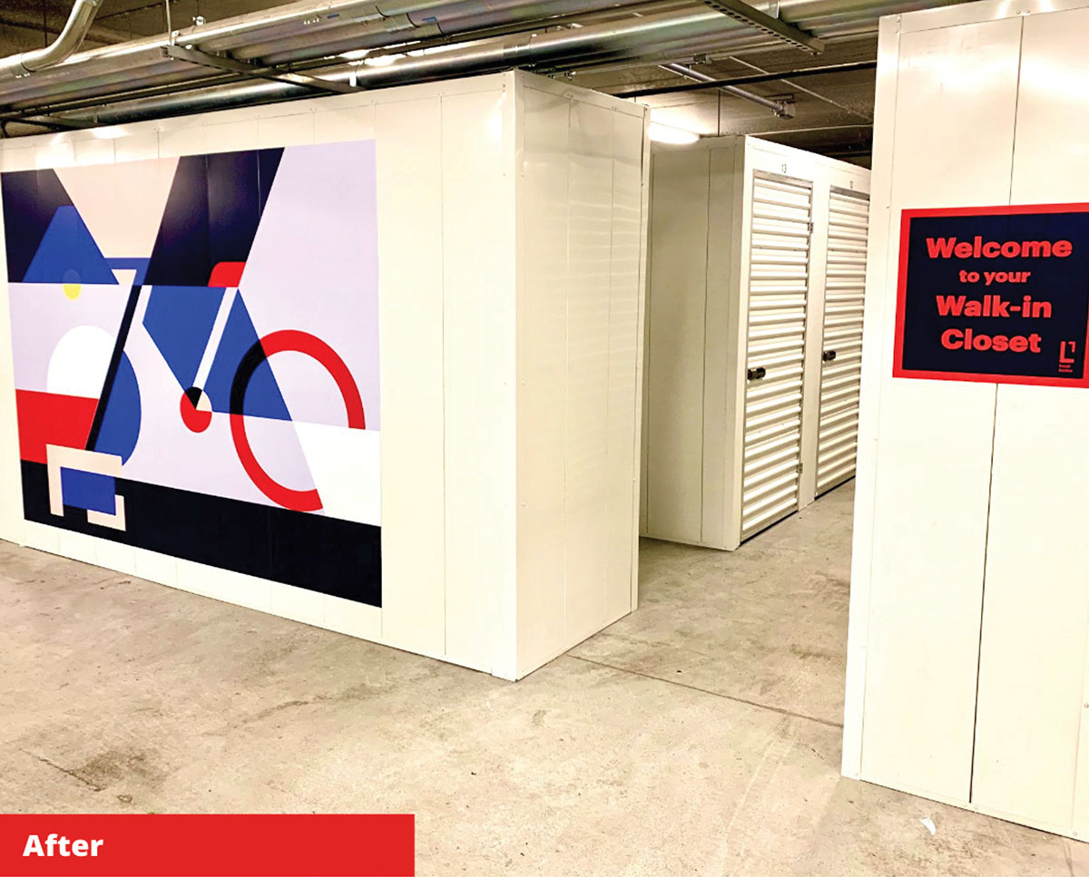 After conversion: The parking garage transformed into a Local Locker storage facility with white storage units, a geometric mural, and a welcome sign.