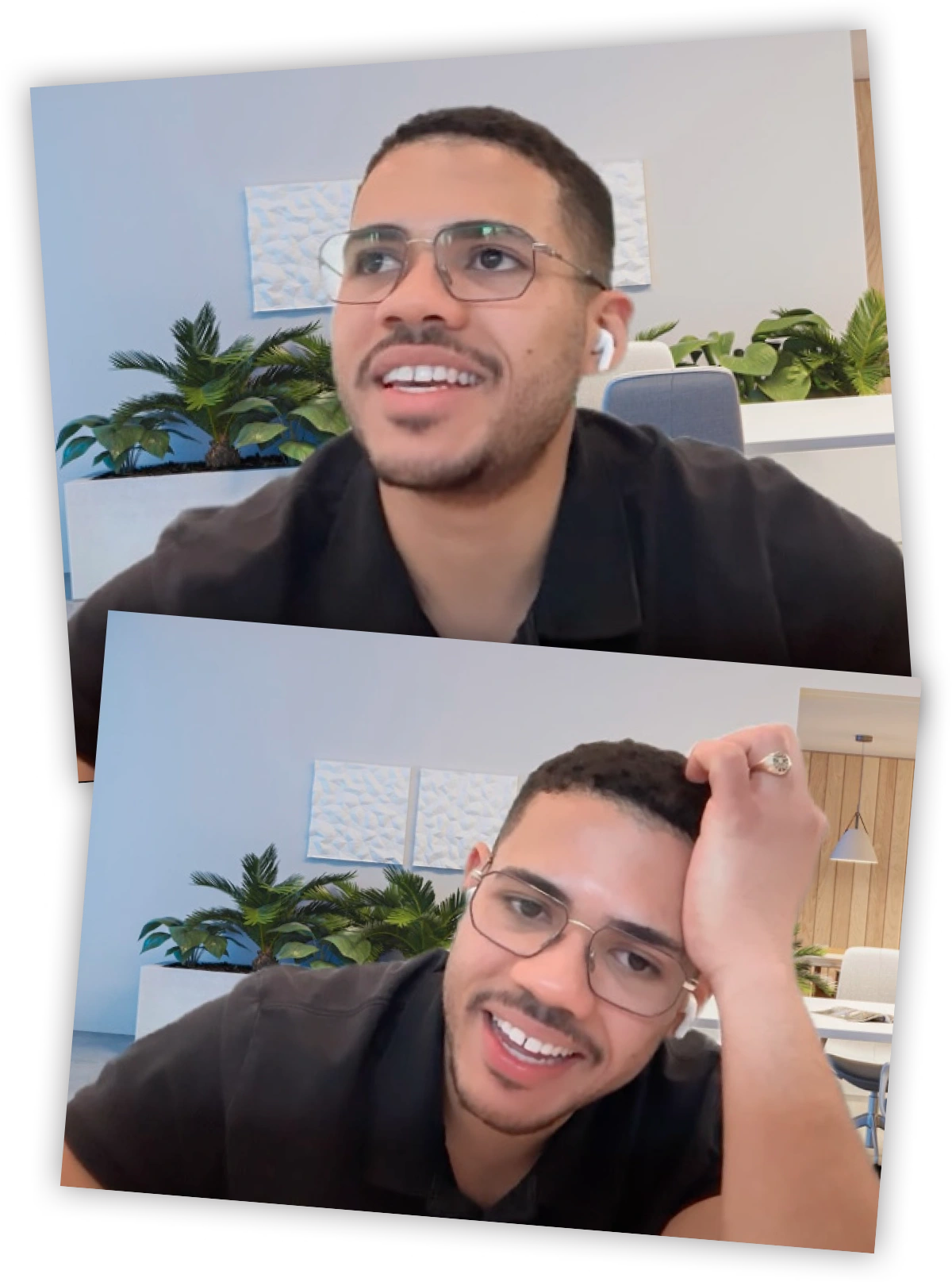 Two screenshots from a video call showing Nylan Raufaste speaking in a modern office space.