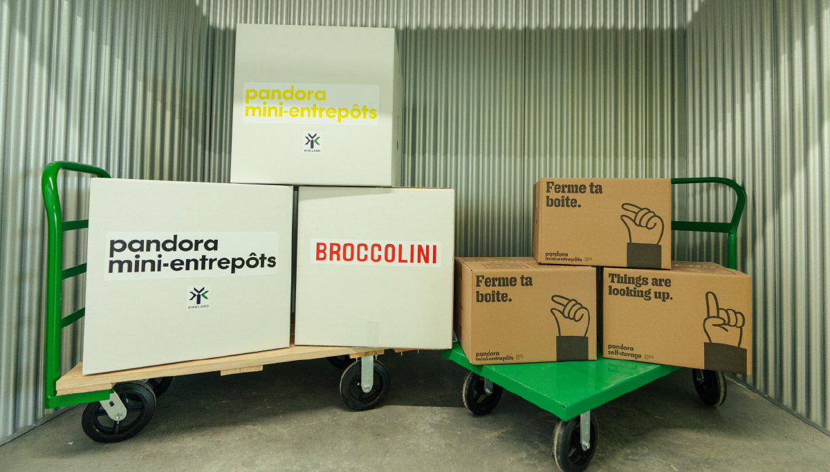 Branded moving boxes reading "Pandora mini-entrepôts" and "Broccolini" stacked neatly onto two low green moving dollies.