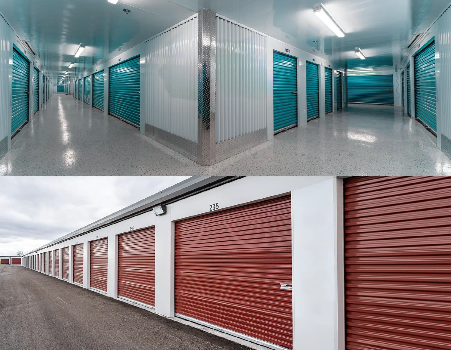 A two-panel image showing teal indoor storage unit corridors on top and red outdoor drive-up storage units on bottom.
