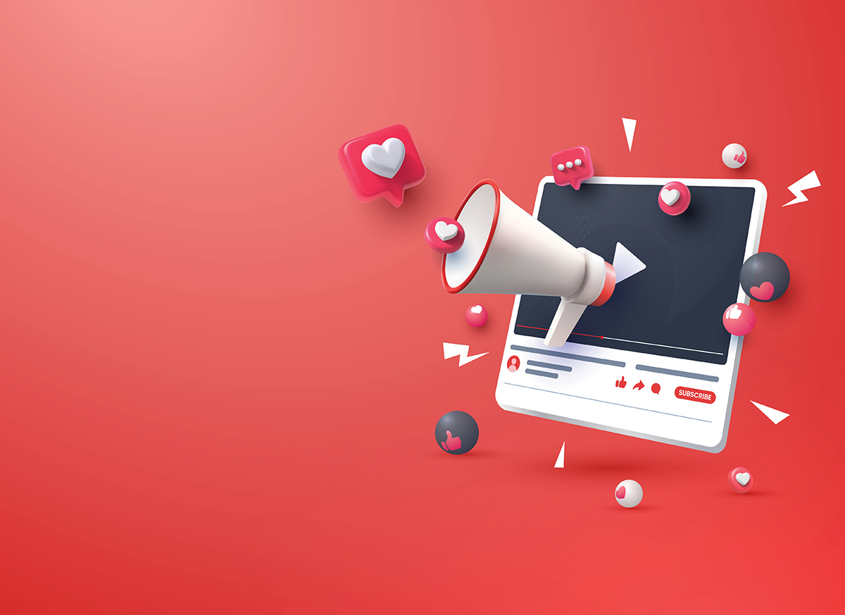 3D digital illustration of a megaphone and video player screen floating on a red background, surrounded by social media engagement icons like hearts, likes, and chat bubbles.