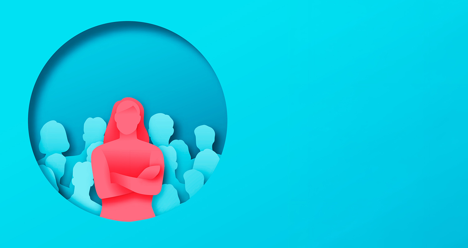 A paper-cut style graphic on a bright blue background. Inside a large circular cutout, a prominent pink female silhouette stands with arms crossed, leading a group of lighter blue silhouettes.