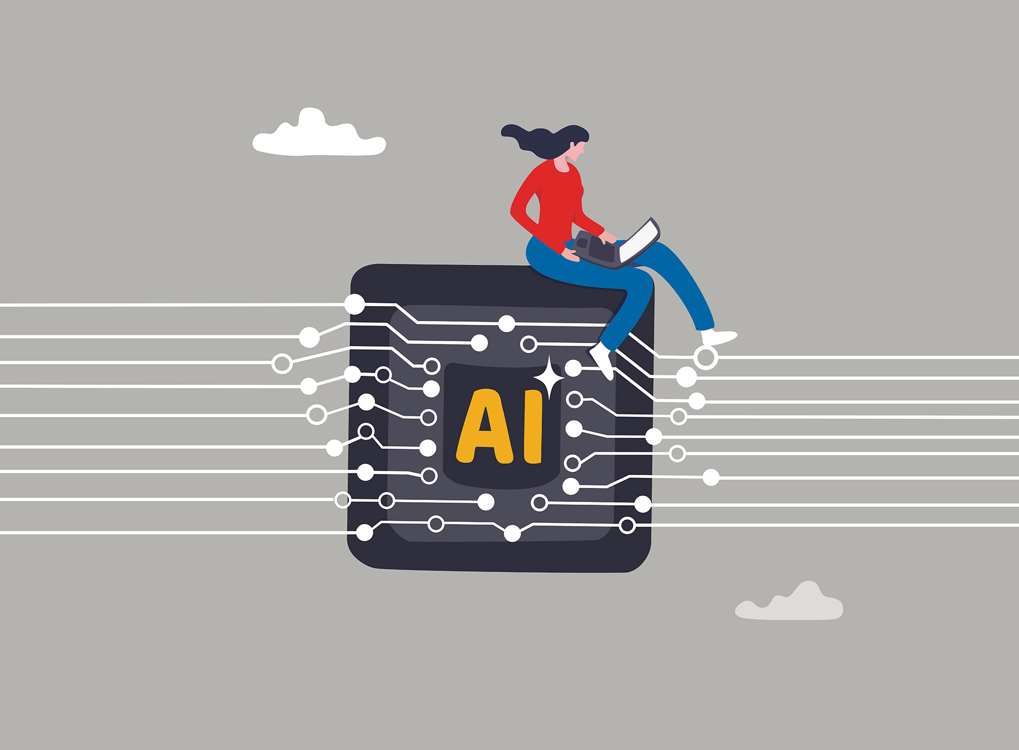 Illustration of a woman with a laptop sitting on an AI microchip with circuit lines.