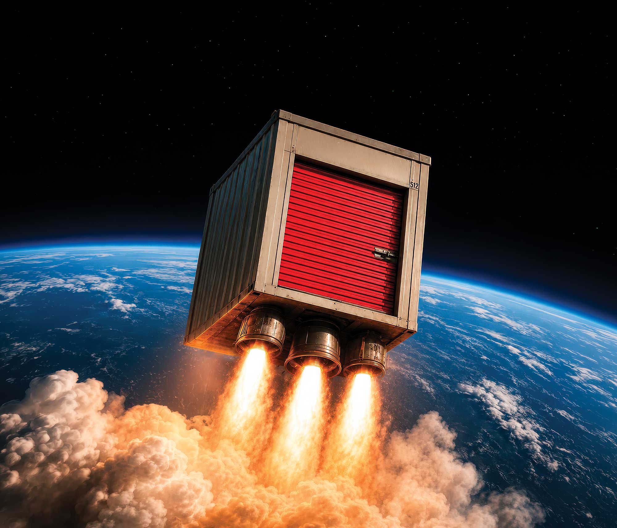 A storage container with a red door launches into space powered by rocket engines.