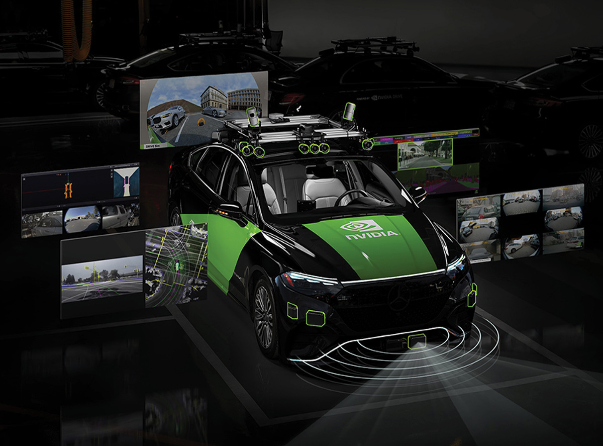 NVIDIA Drive OS; A digital rendering of a black sedan test vehicle equipped with floating digital display panels showcasing the software