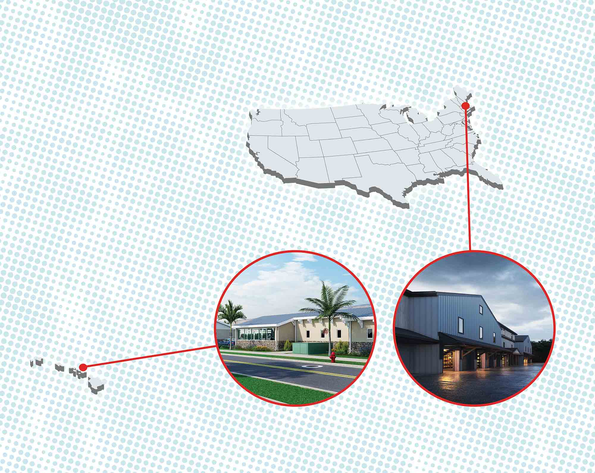 A US graphic map connecting properties in Hawaii and Massachusetts.