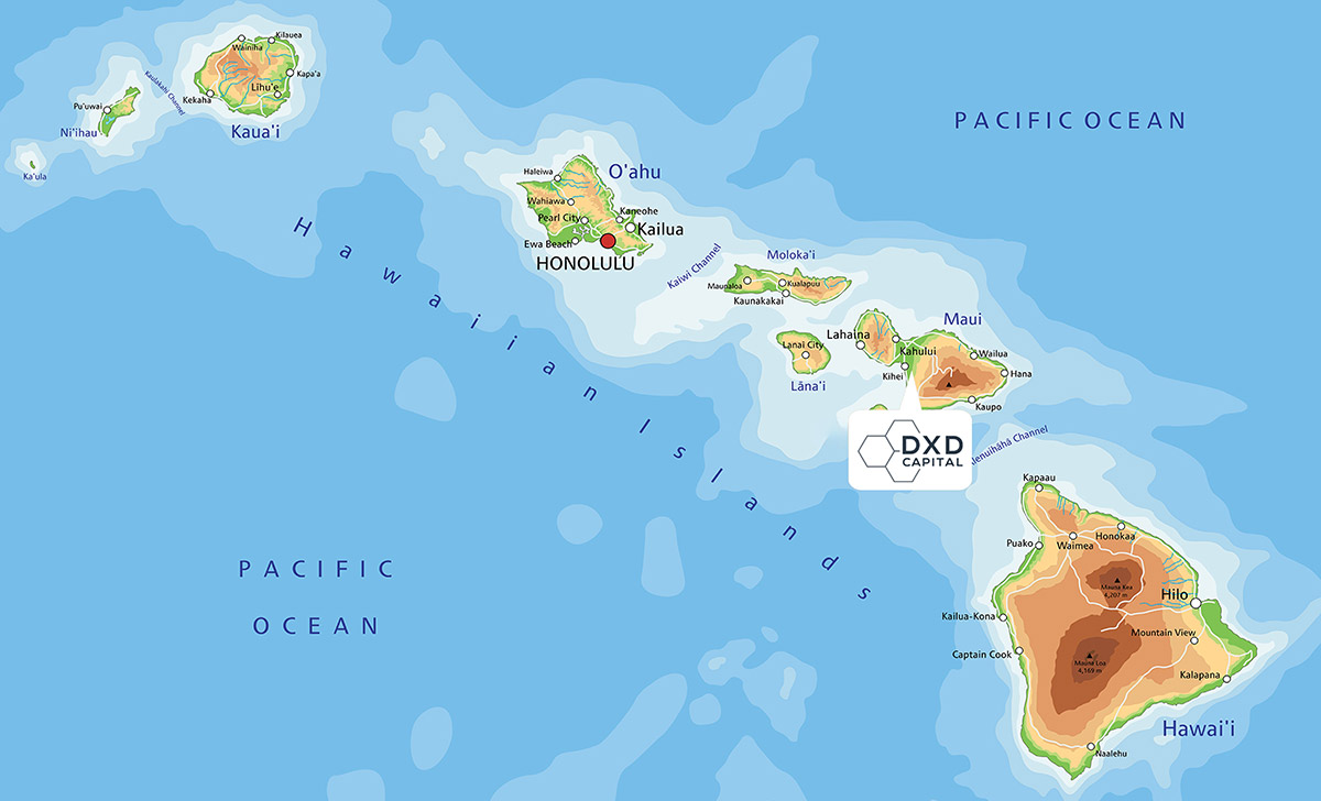 A map of the Hawaiian Islands marking a location with a DXD Capital logo.