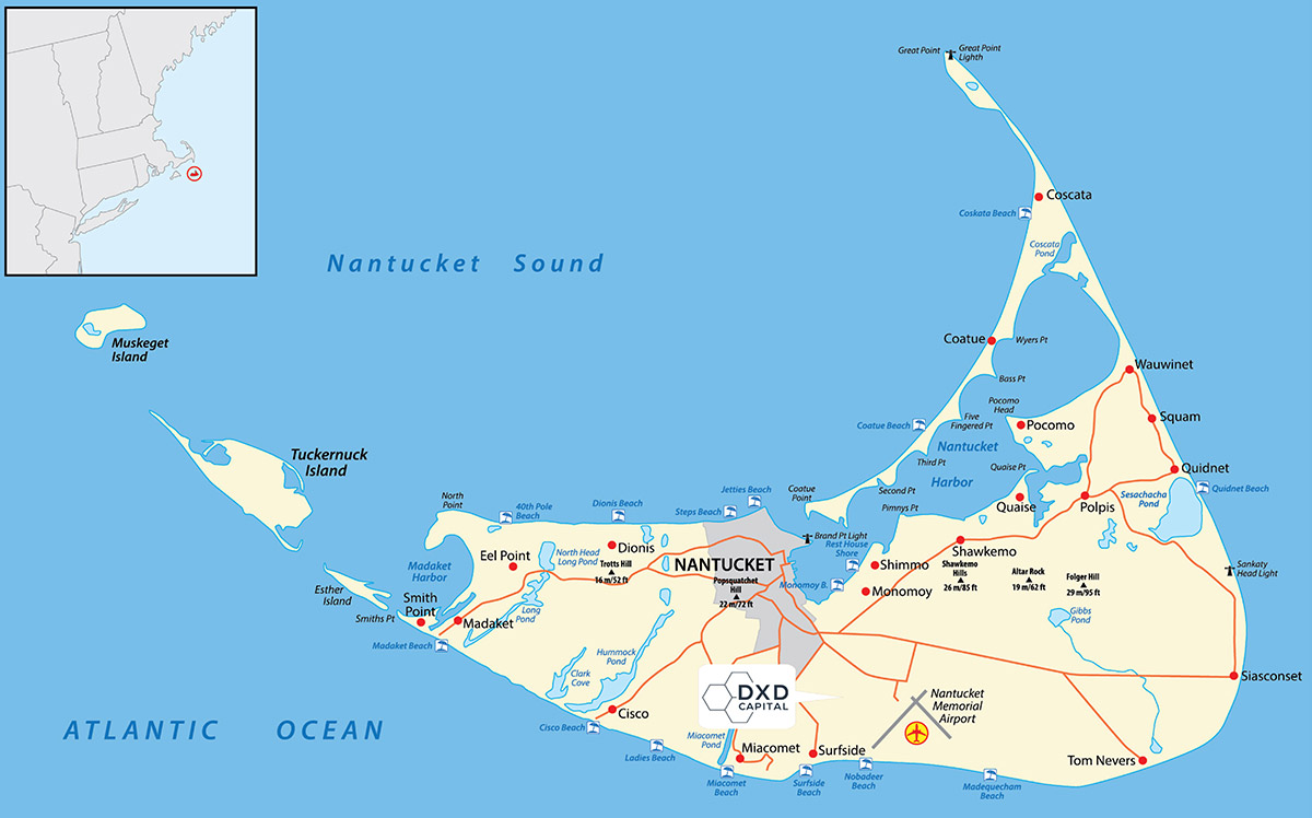 A map of Nantucket Island marking a location with a DXD Capital logo.