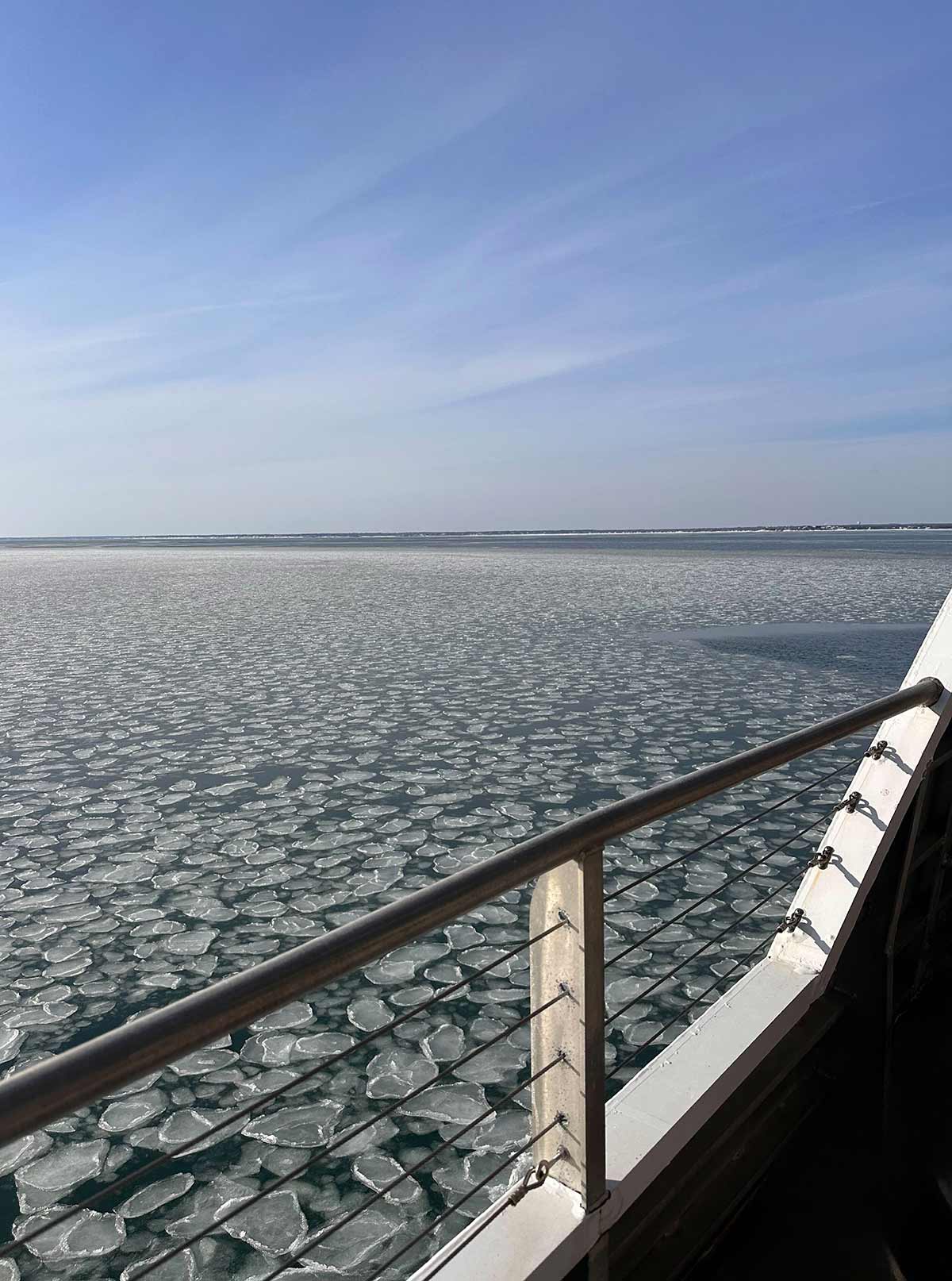 A view from a boat looking across a vast body of water filled with pancake ice.