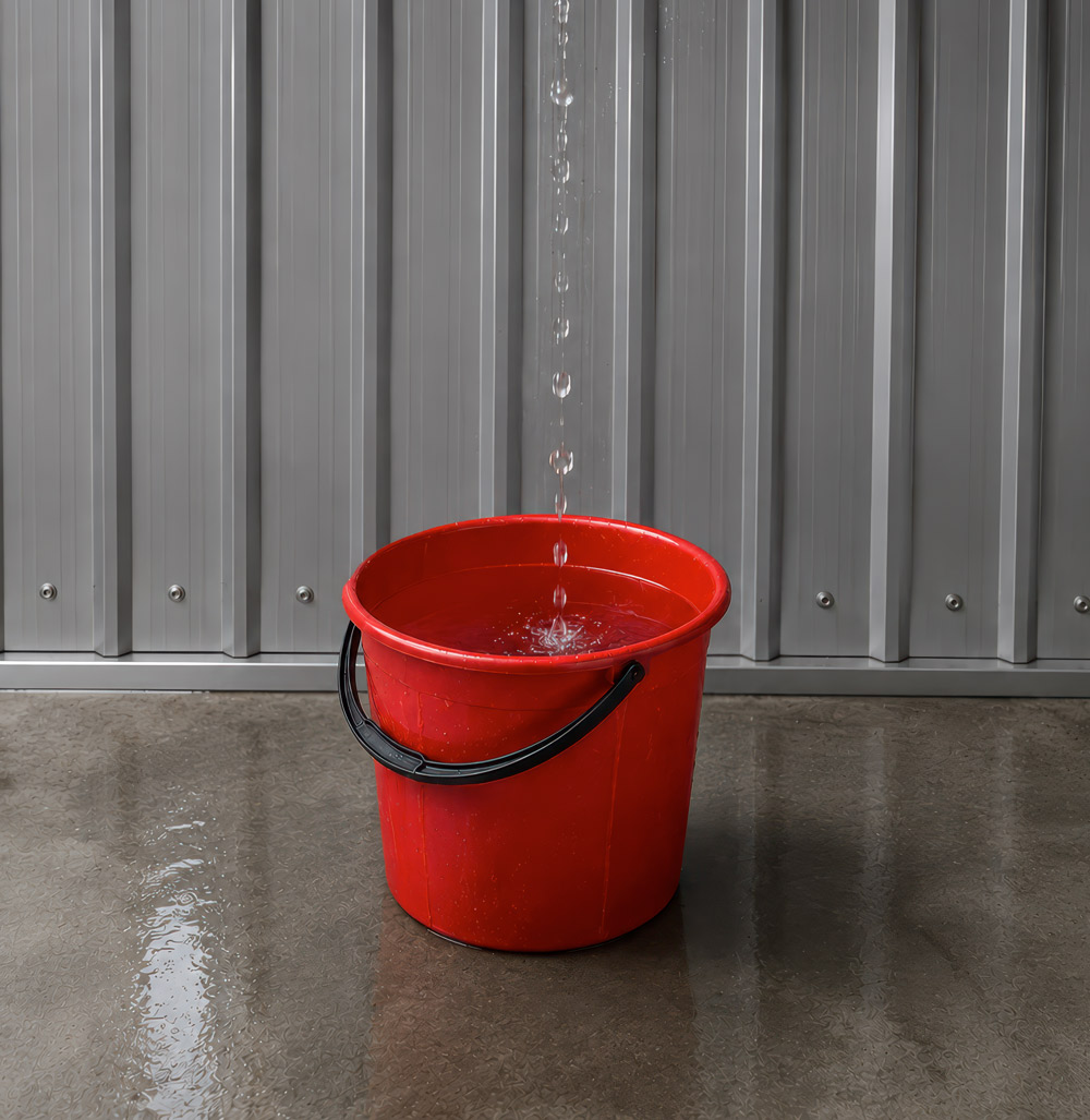 Water drips in a steady stream down into a bright red plastic bucket on a wet concrete floor in front of a gray corrugated metal wall.