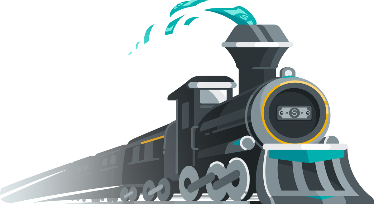 Illustration of a speeding steam train blowing dollar bills out of its smokestack.