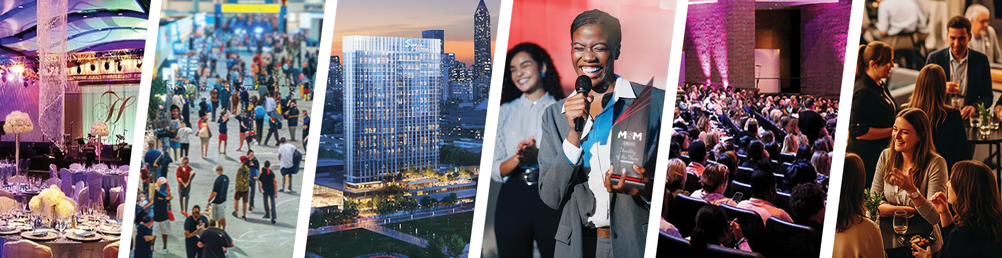 A collage of six images showing a banquet hall, crowded event, cityscape, speakers on stage, audience in an auditorium, and people networking.