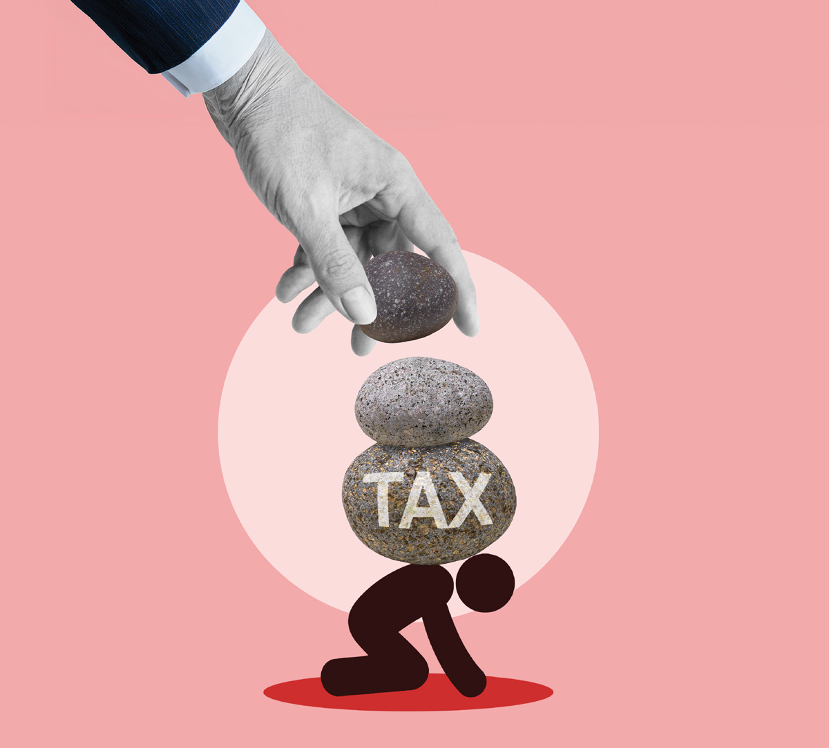 A hand adds a stone to a heavy stack labeled TAX crushing a small figure.