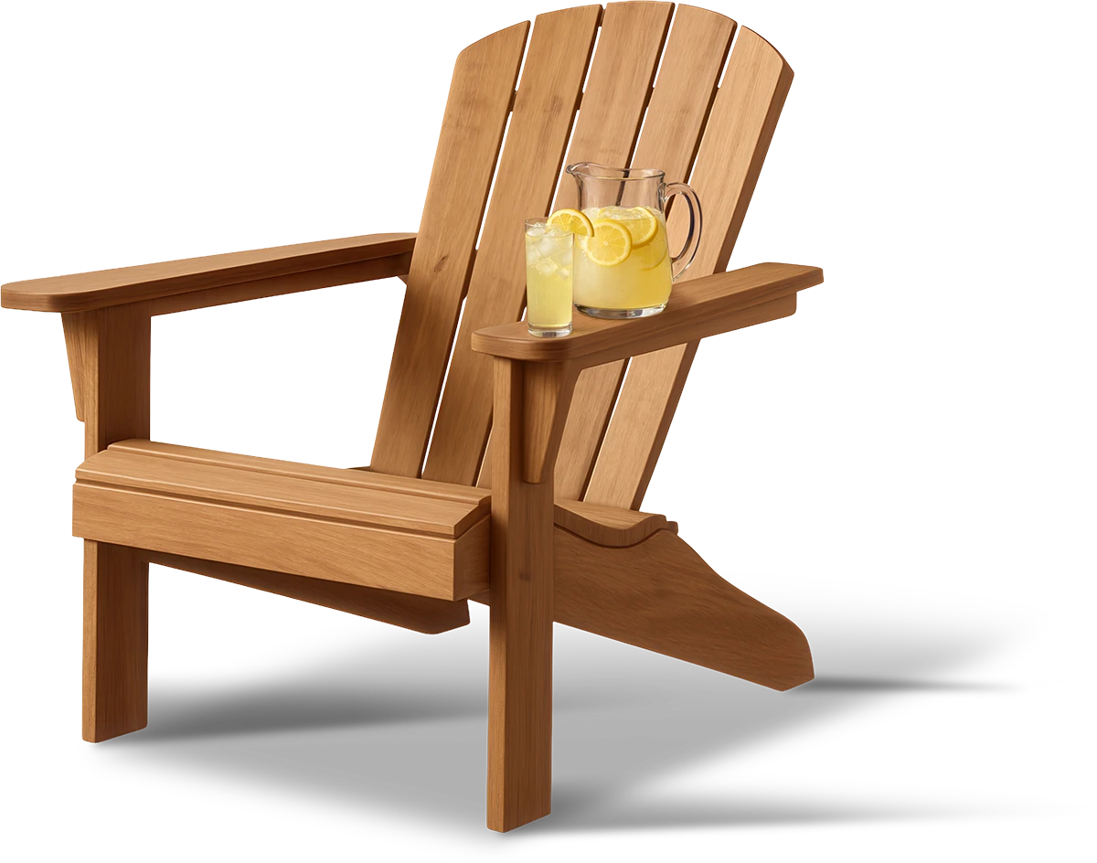 A wooden Adirondack chair with a glass pitcher and a tall glass of iced lemonade resting on its wide right armrest, set against a plain white background.