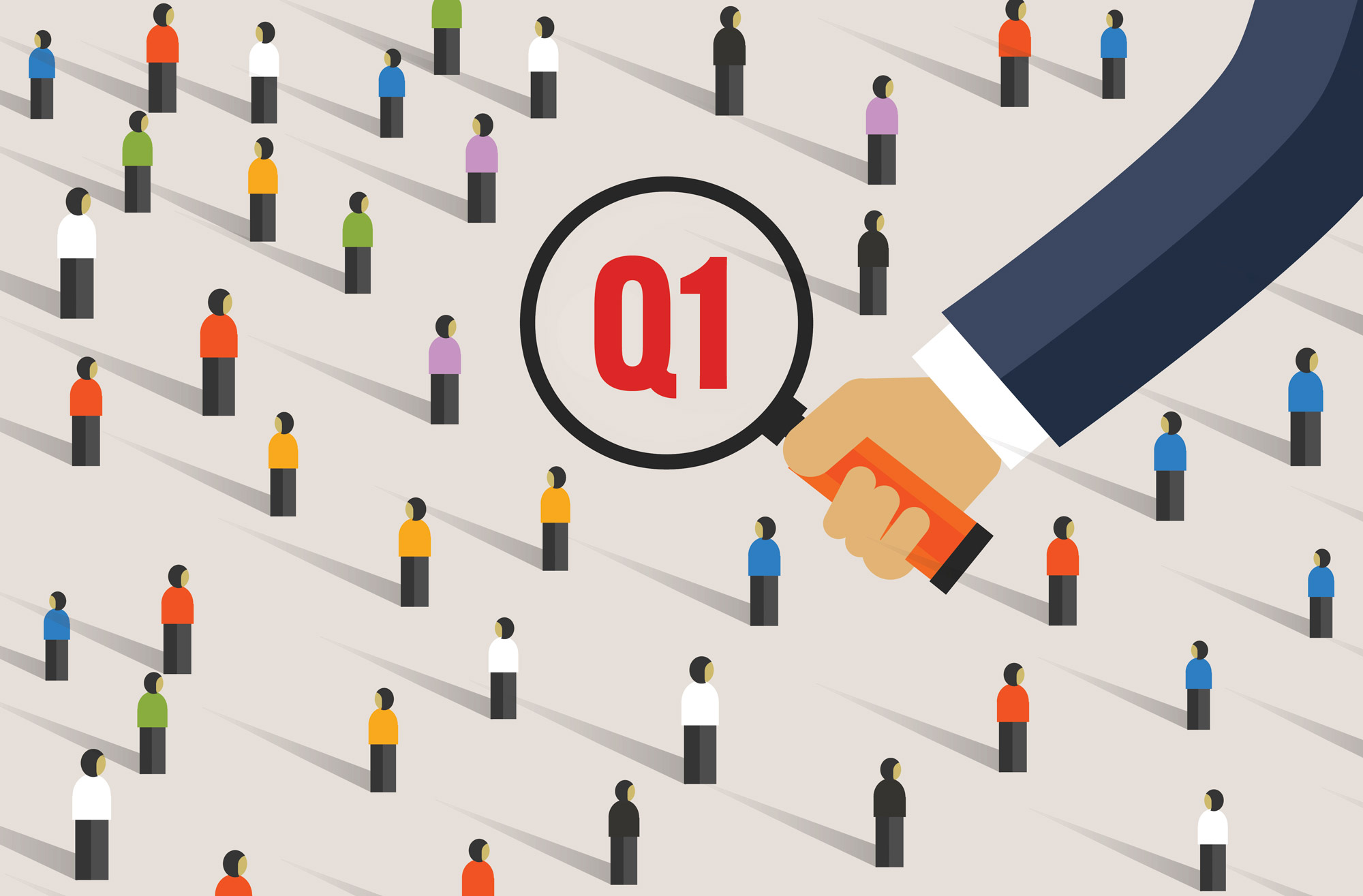 A large hand in a business suit holds a magnifying glass over a crowd of small, stylized, colorful people figures casting long shadows. Inside the magnifying glass is the red text "Q1".