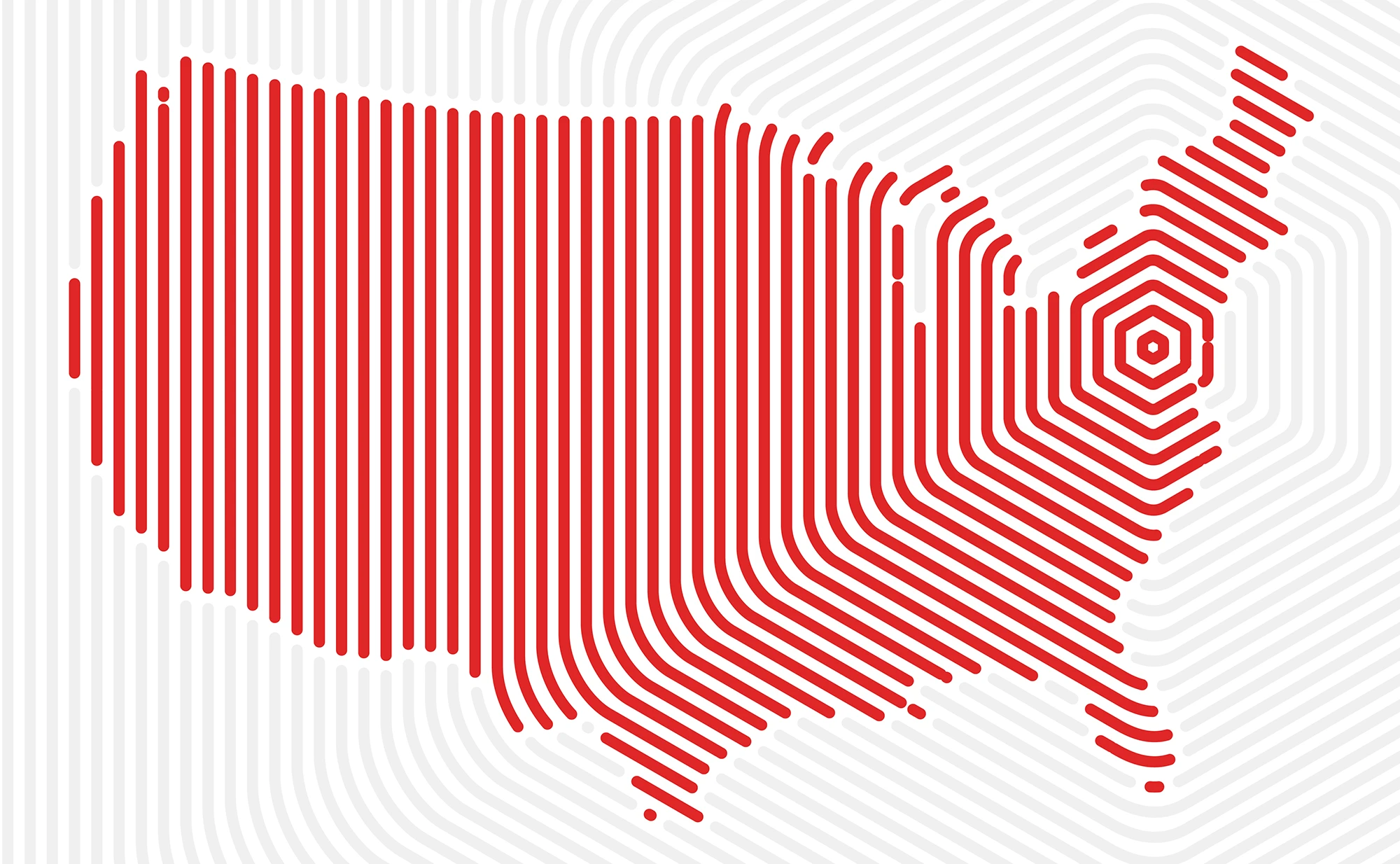 A stylized map of the United States formed by thick, parallel red lines over a light gray background. The lines run vertically on the left and curve into a concentric hexagon pattern on the right.