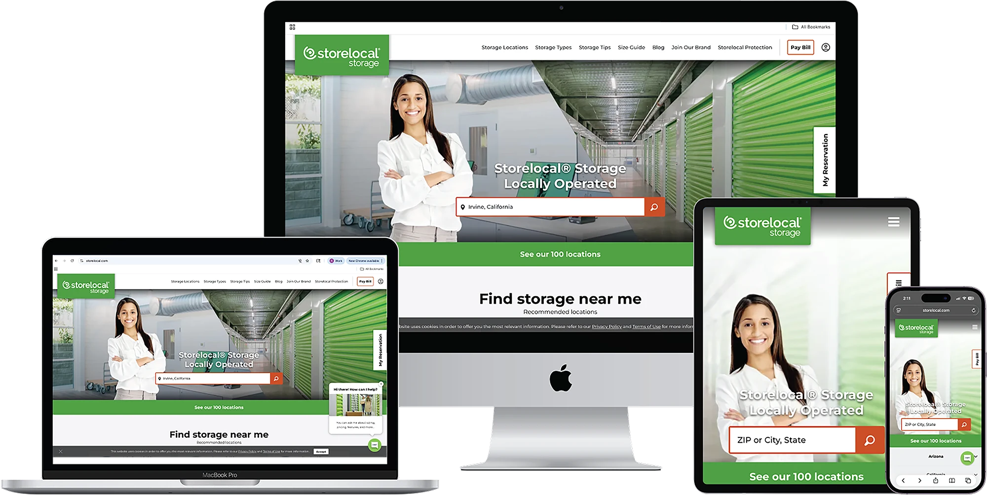 Storelocal Storage website layout displayed across a desktop monitor, laptop, tablet, and smartphone device mockup.