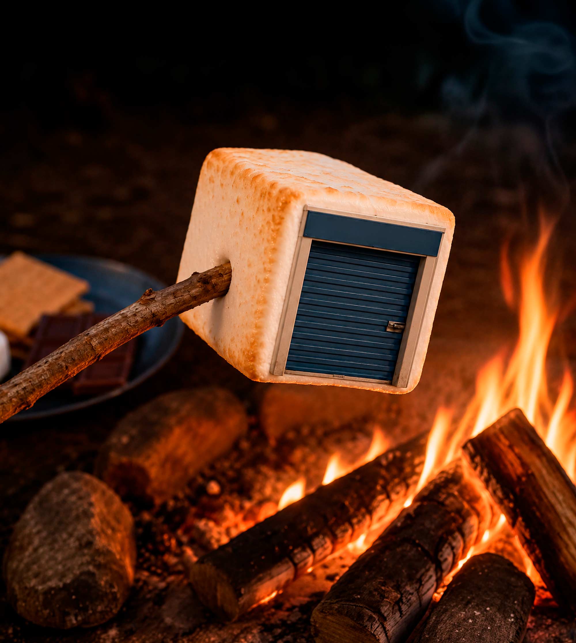 A cube marshmallow shaped like a storage unit roasts on a stick over a campfire.