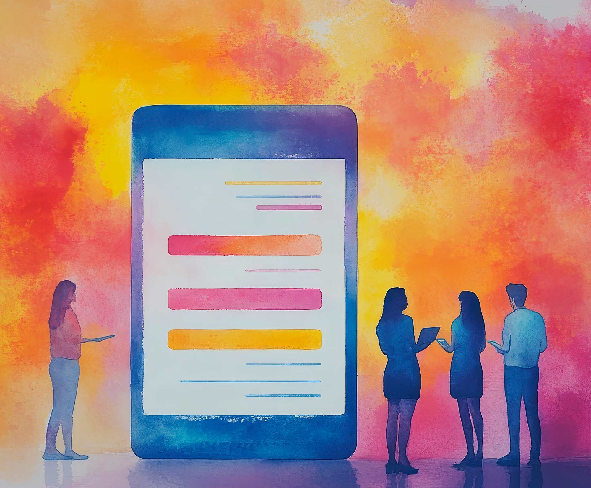 Watercolor illustration of people looking at a large smartphone screen with a vibrant background.