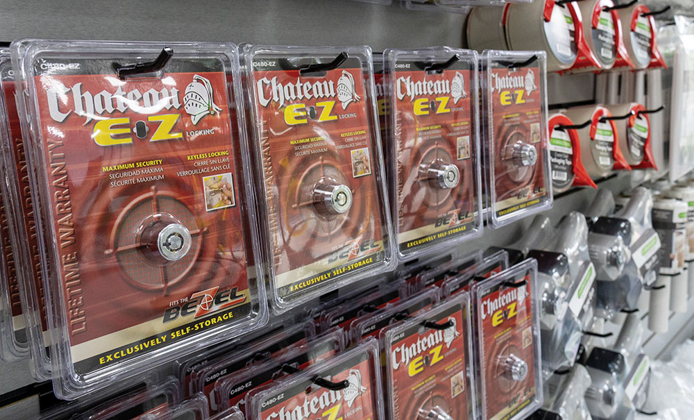 Retail display of Chateau EZ locks in clear plastic retail packaging.