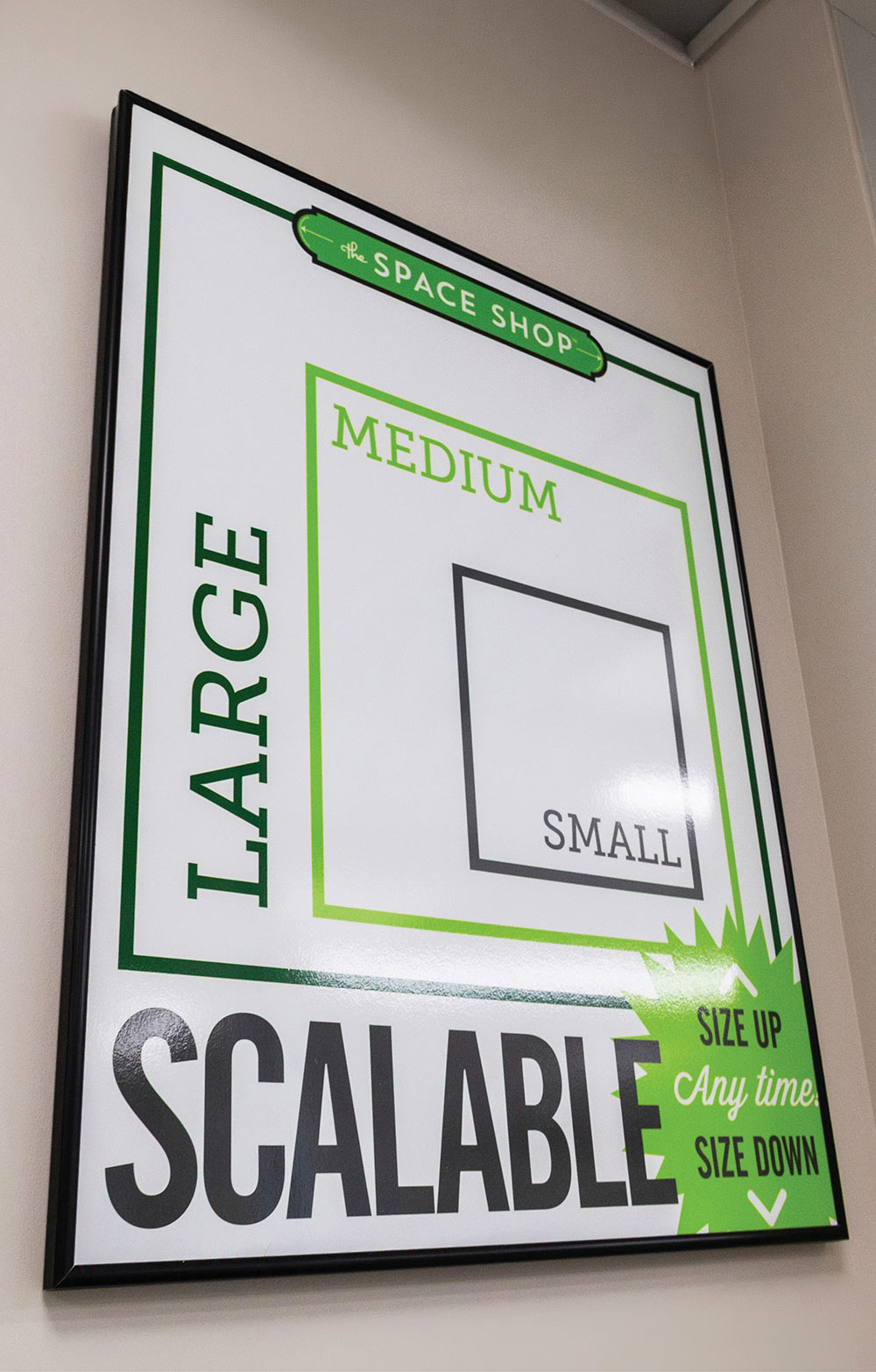 Sign showing unit size options including large, medium, small, and scalable.