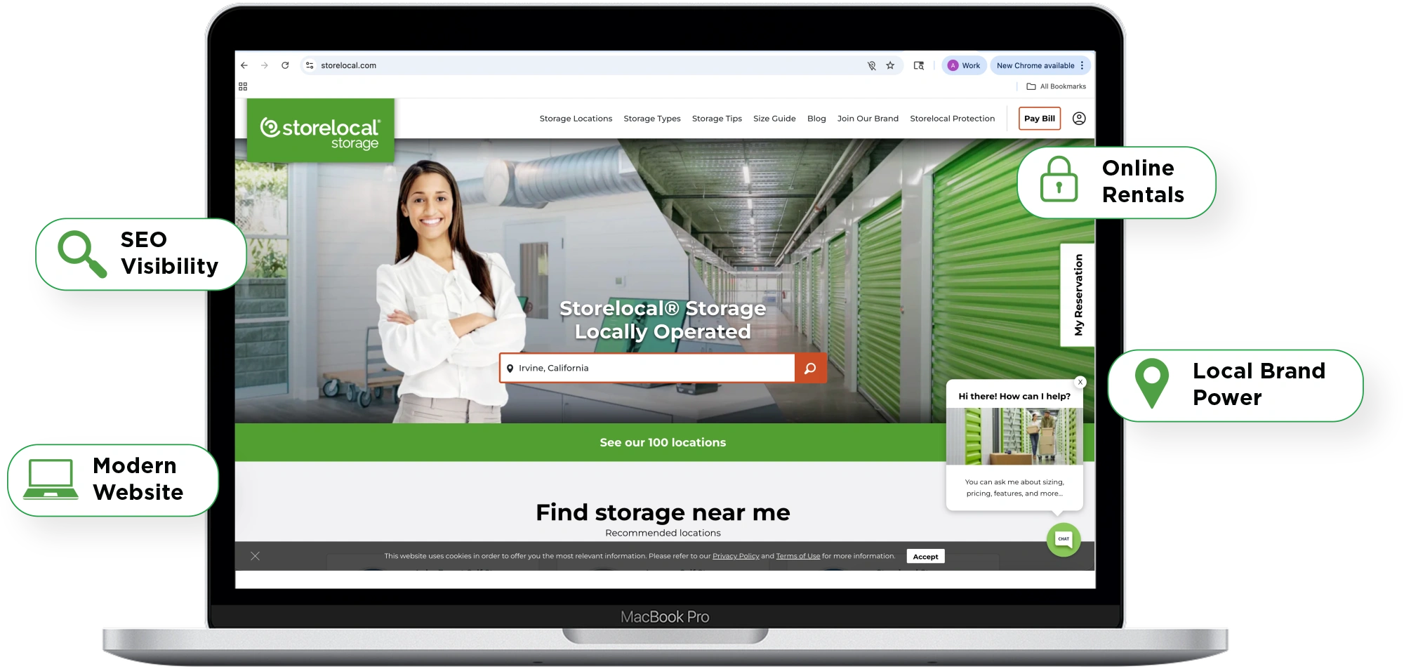 Laptop displaying Storelocal website surrounded by feature callouts: SEO Visibility, Modern Website, Online Rentals, and Local Brand Power.