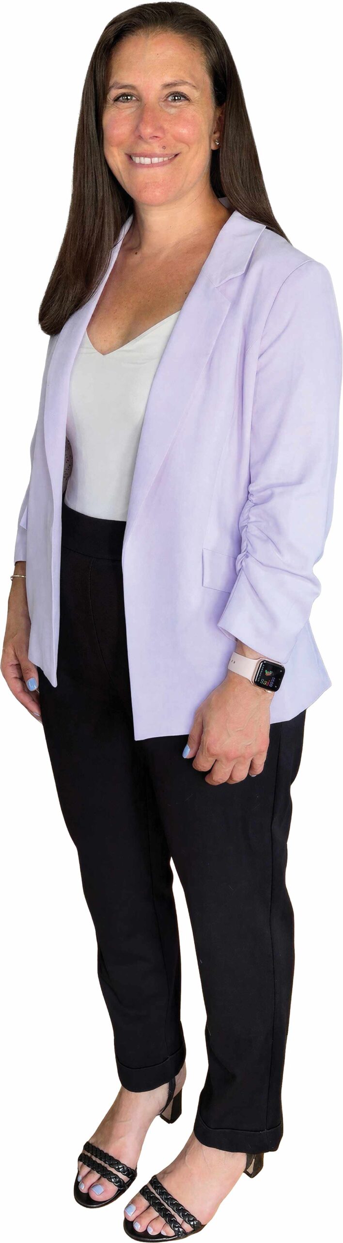 Portrait of Jessica Lamoureux wearing a purple blazer and black pants.