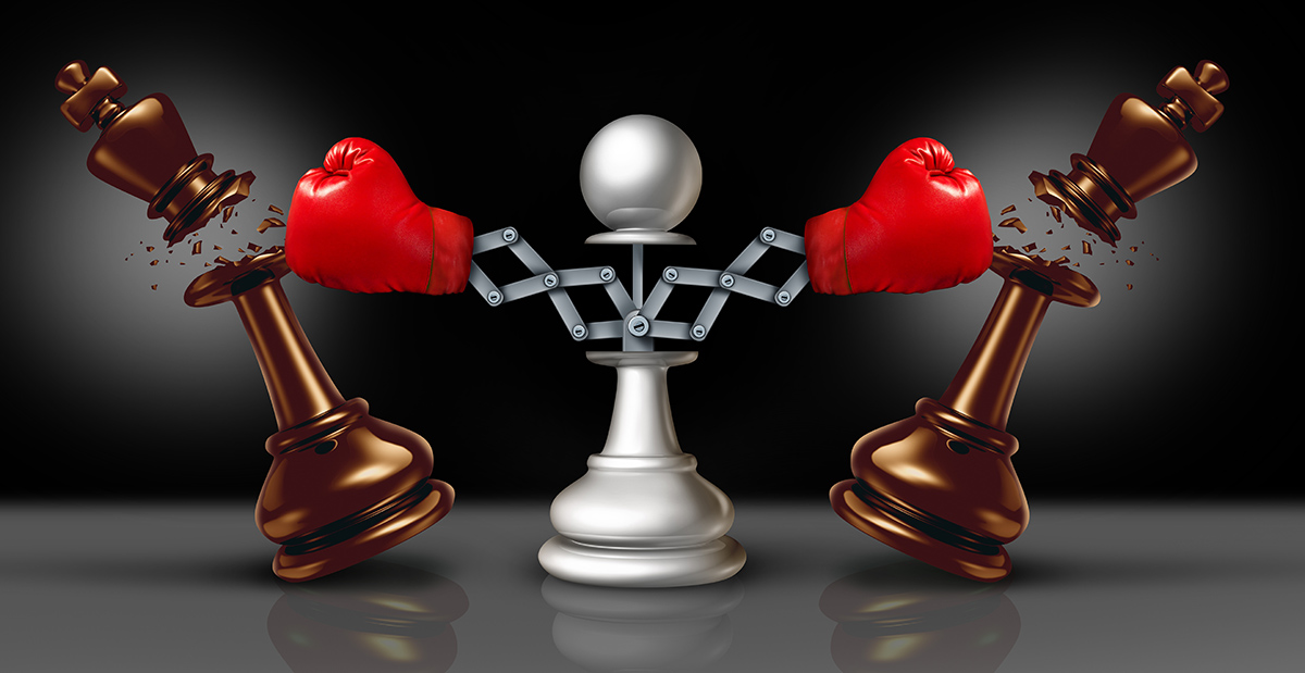 A chess pawn with robotic boxing gloves breaking two wooden king pieces.