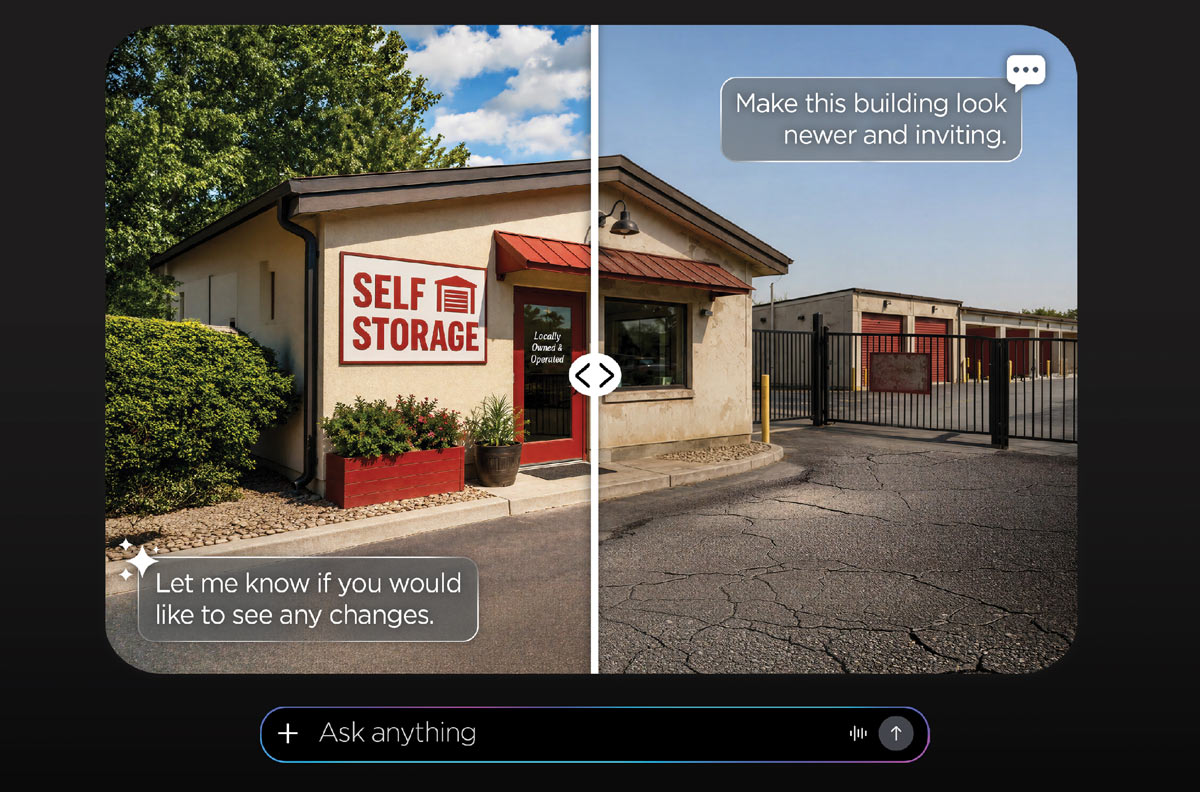 A user interface showing a split-screen before and after comparison of a self-storage building. A prompt asks, "Make this building look newer and inviting," with a response below. Includes a slider and ask box.