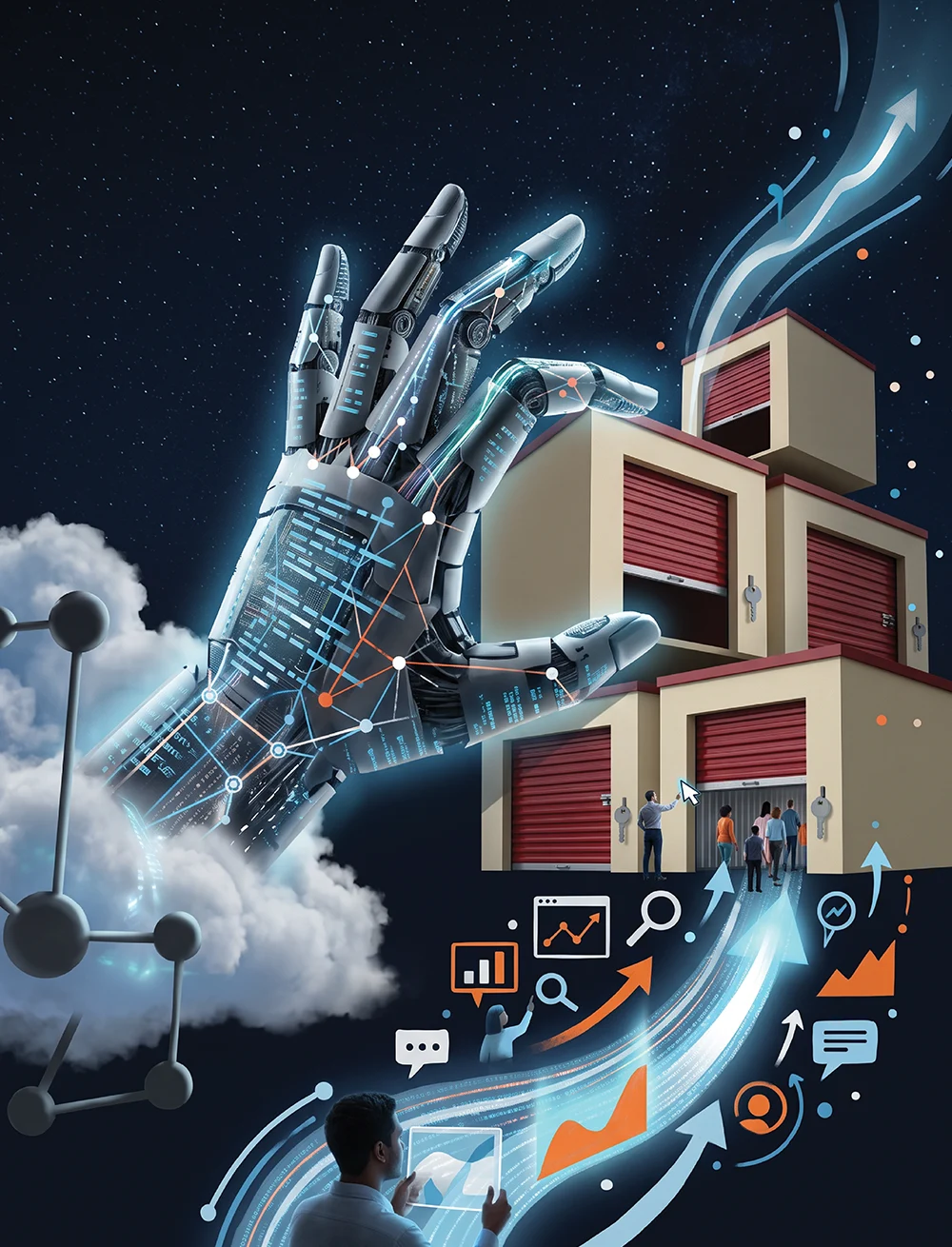 A robotic hand interacts with a self-storage facility and digital data icons.
