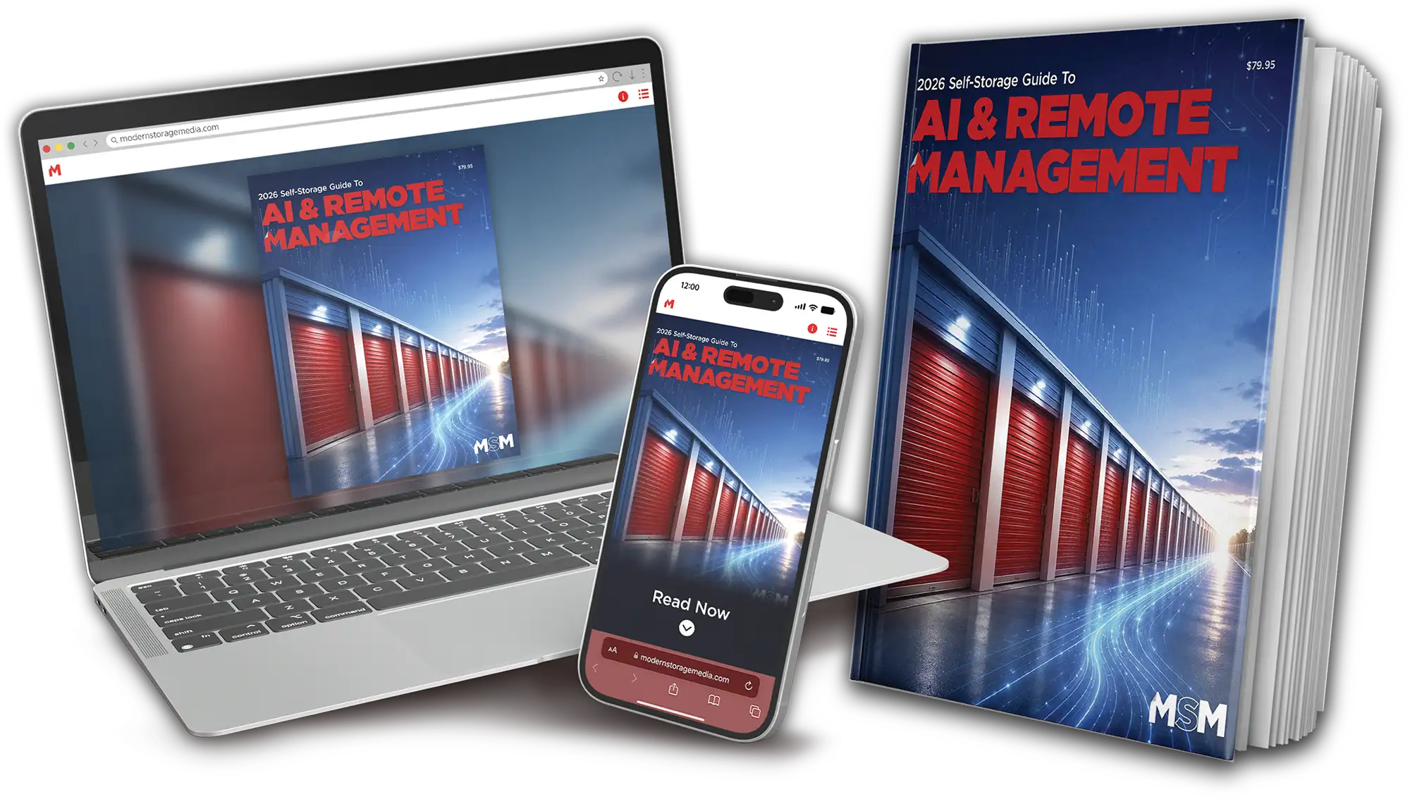copy of the 2026 Self-Storage Guide To AI & Remote Management, also featured on a laptop and mobile phone