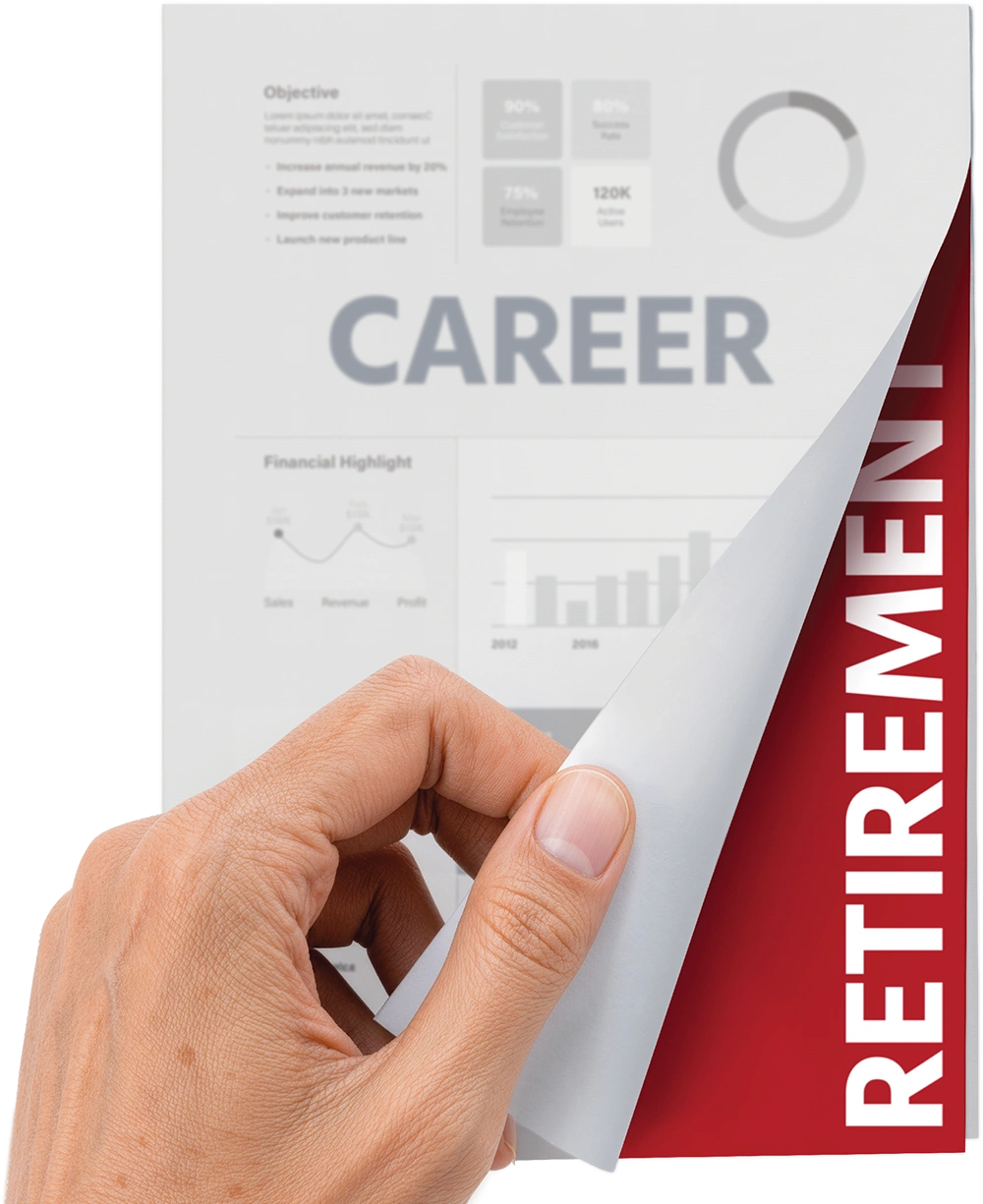 Hand flipping through a packet with the top page labeled "Career" and the bottom page labeled "Retirement"