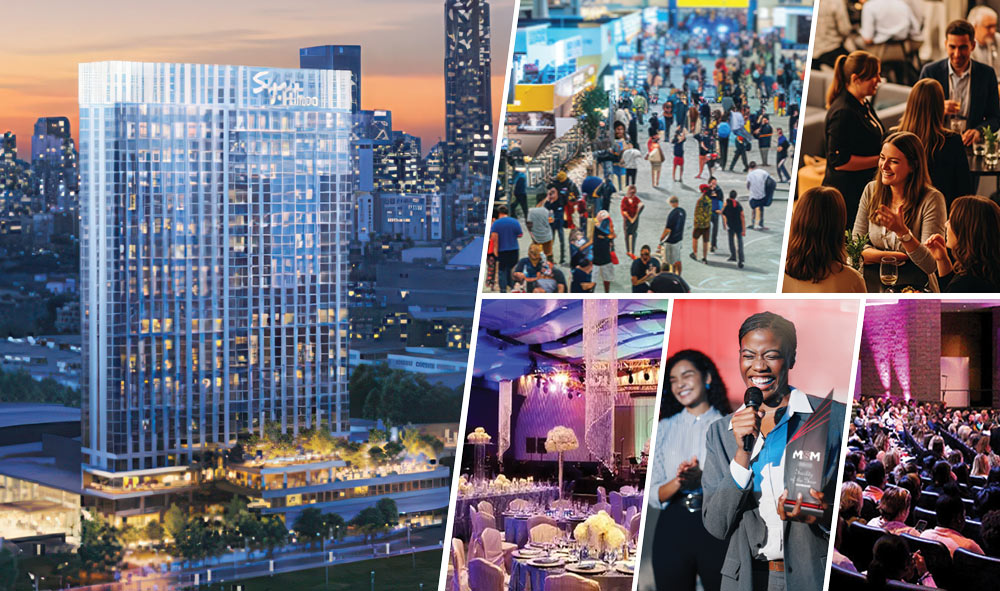 Photo collage showing a Signia hotel skyscraper, trade show floor, networking lounge, dinner, and award presentation.