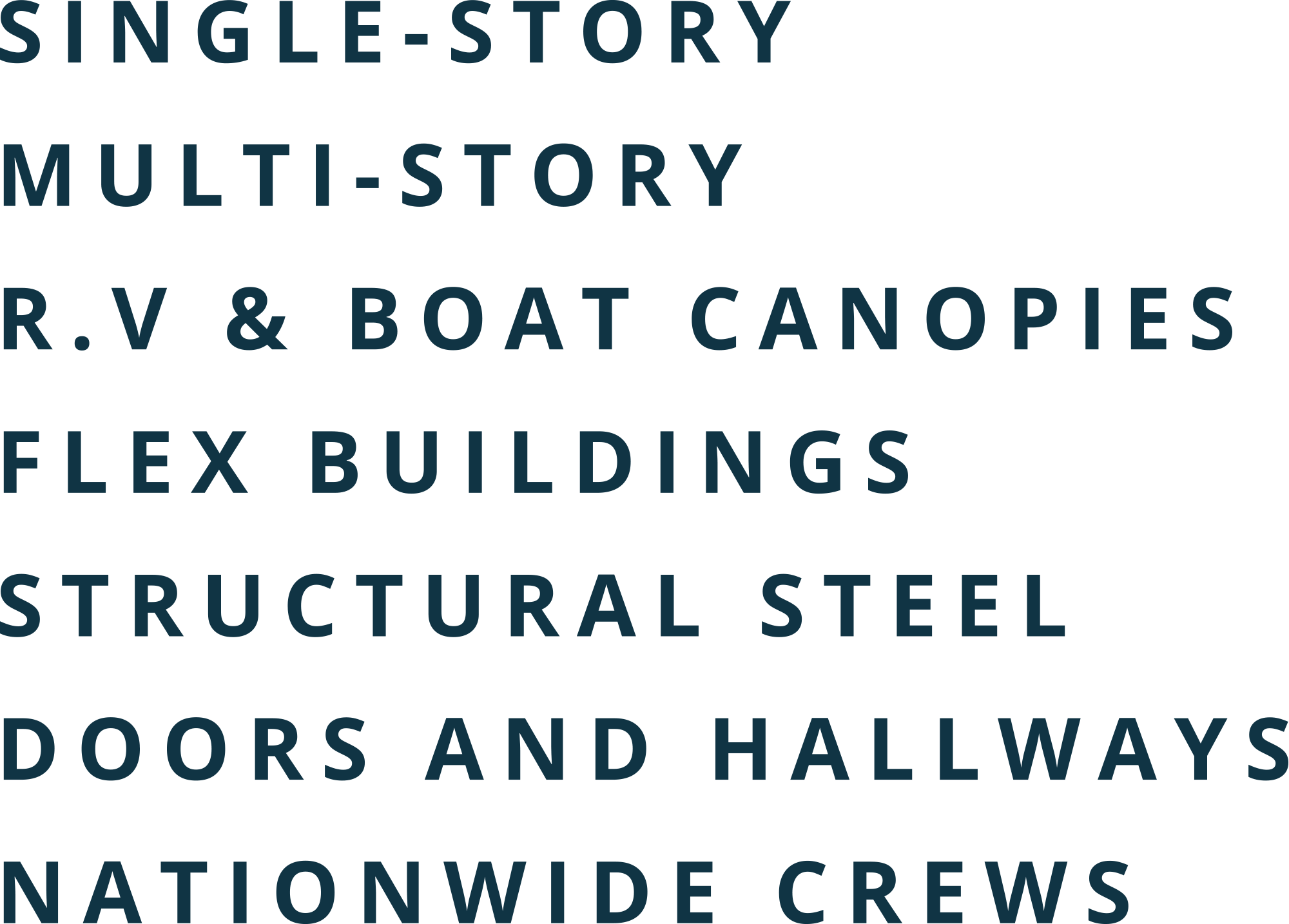 Text graphic listing construction capabilities: Single-Story, Multi-Story, R.V & Boat Canopies, Flex Buildings, Structural Steel, Doors and Hallways, Nationwide Crews.