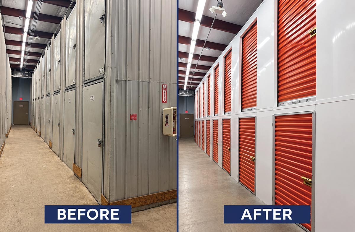Side-by-side comparison showing a storage facility hallway before and after renovations, featuring upgraded orange roll-up doors and clean white panels.