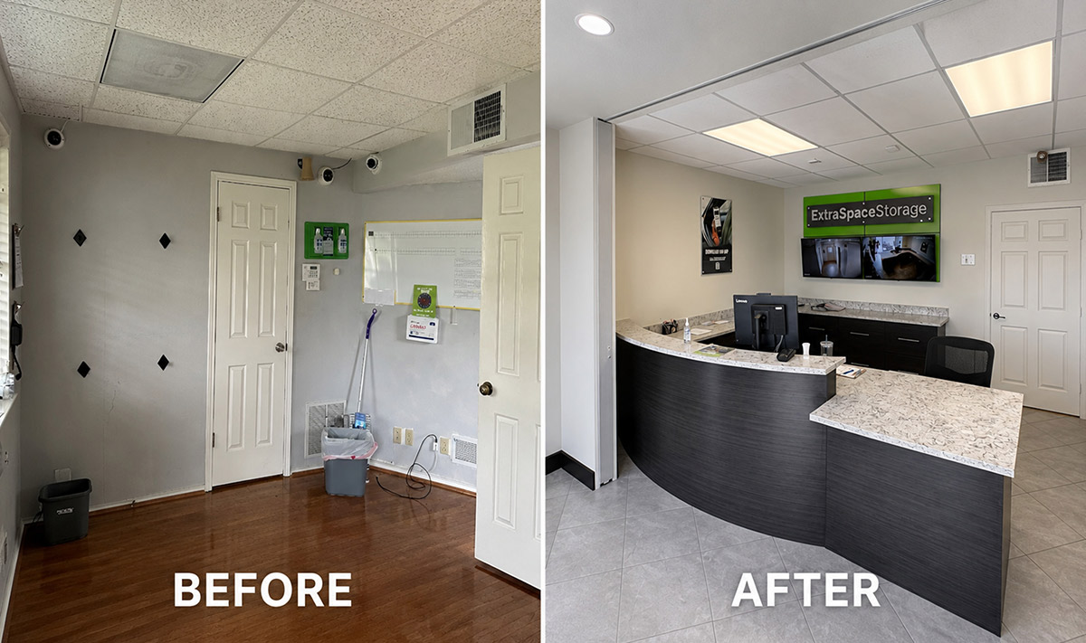 Side-by-side comparison of a storage office before and after a remodel into a modern reception space with tiled floors and a curved front counter.