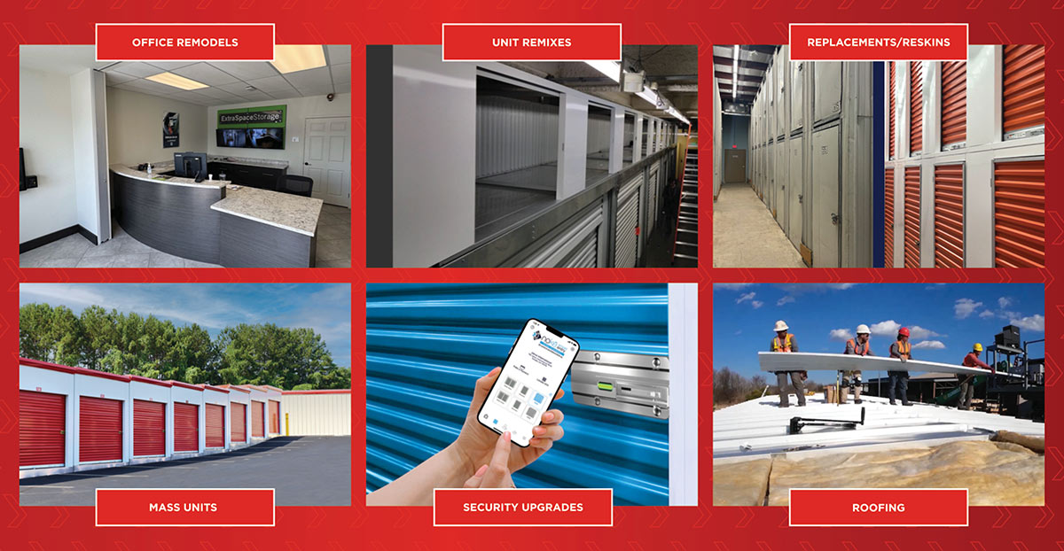 Six-panel grid highlighting self-storage renovation services: office remodels, unit remixes, replacements, mass units, security upgrades, and roofing.