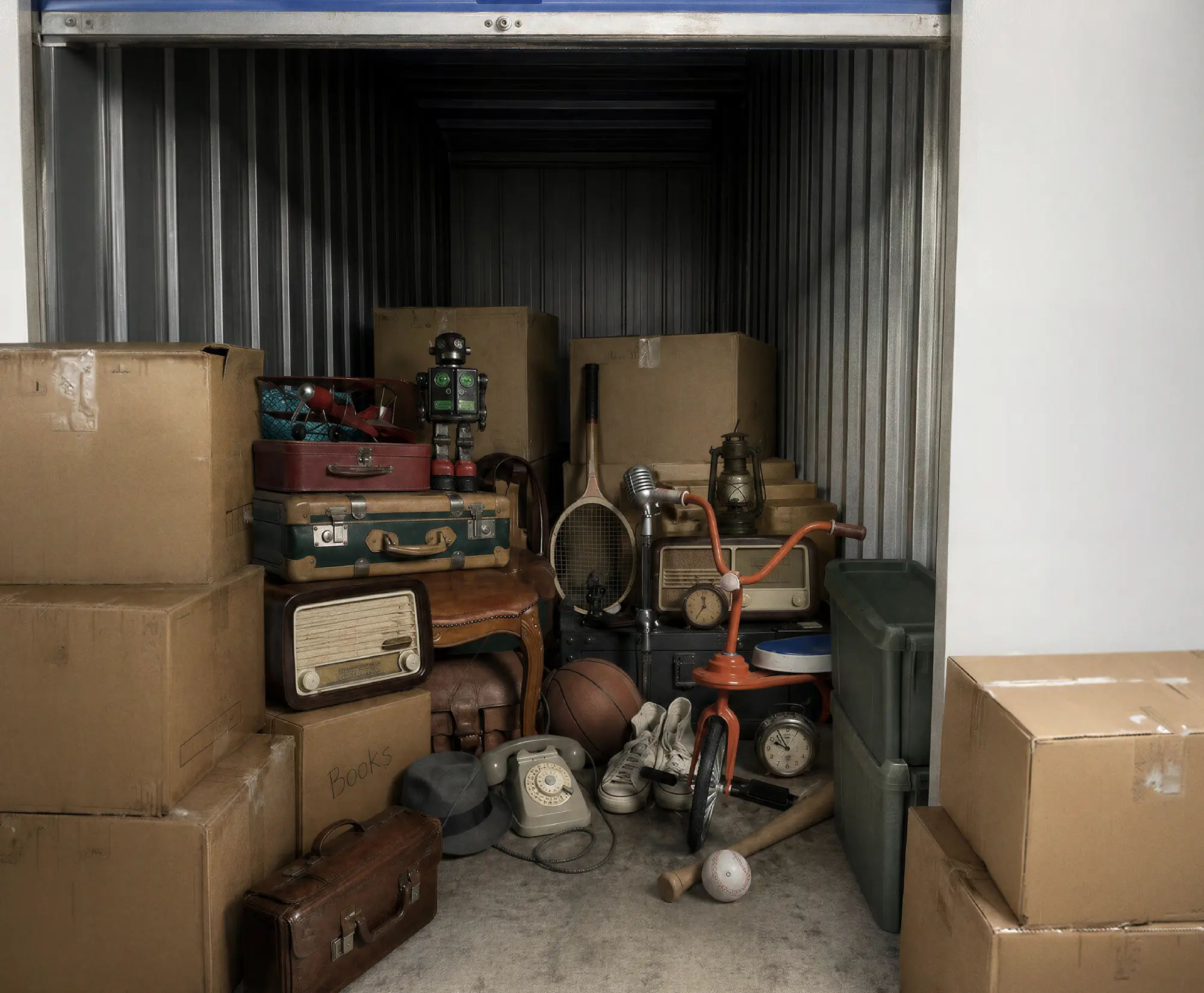 Self-storage unit packed with cardboard boxes, vintage radios, suit cases, a toy tricycle, and household items.