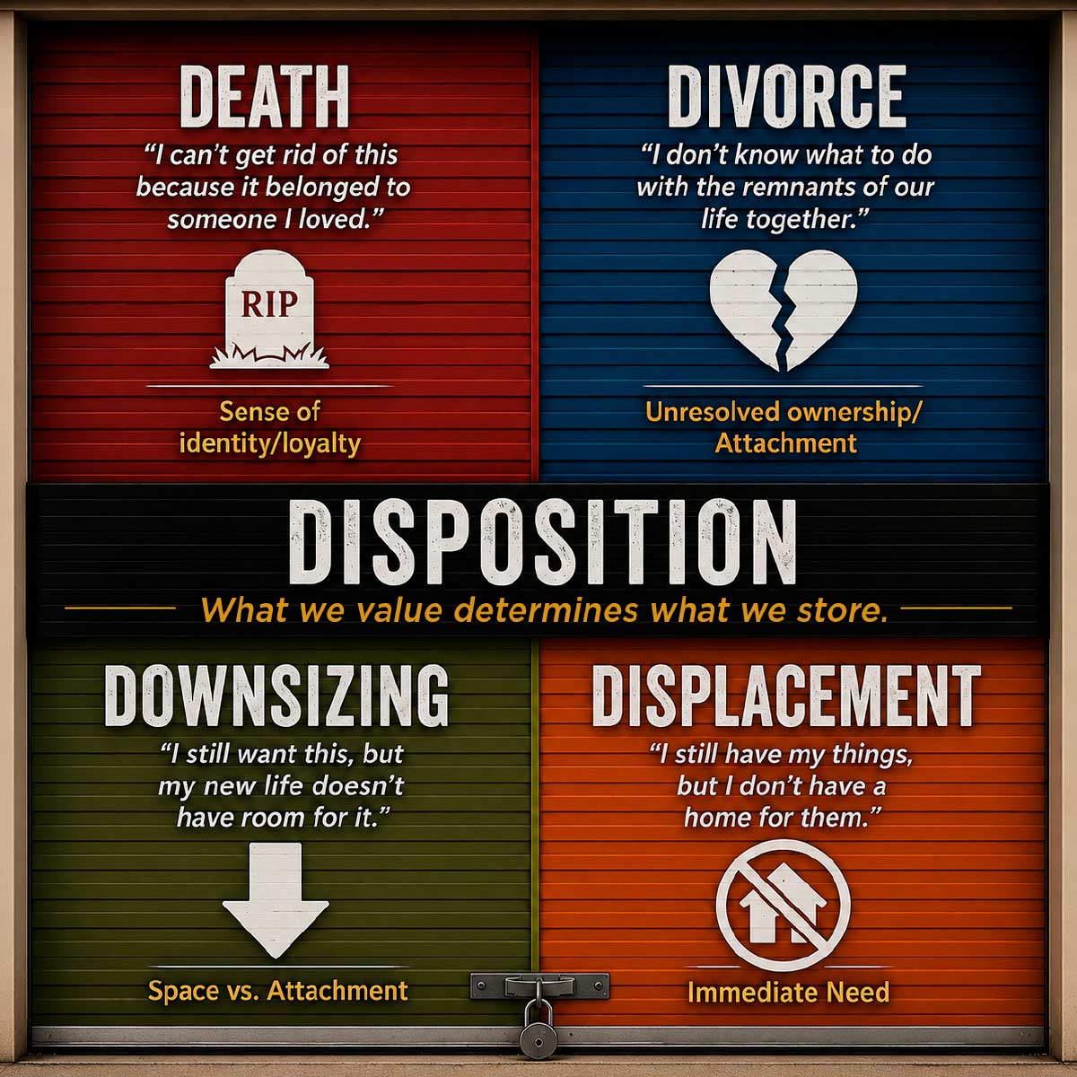 Graphic on a storage door dividing disposition into four reasons to store: Death, Divorce, Downsizing, and Displacement.