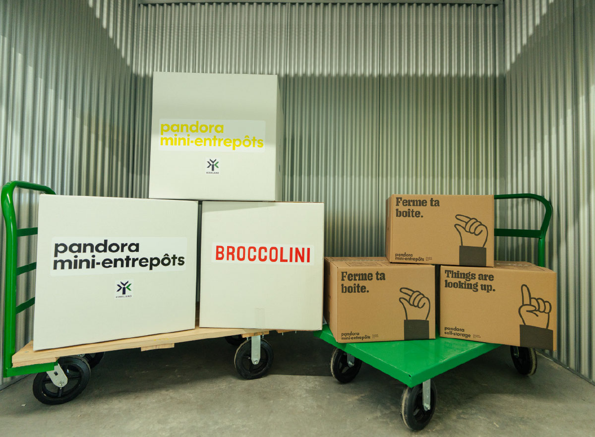 Green flatbed hand carts loaded with branded cardboard storage boxes inside a metal self-storage unit.