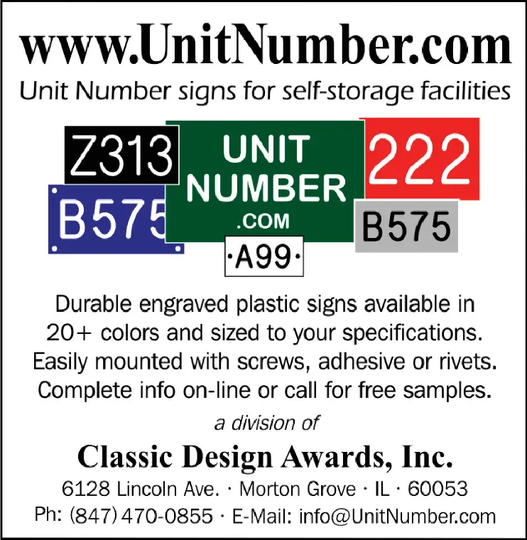 Classic Design Awards ad showing colorful custom unit-number signs for self-storage facilities.