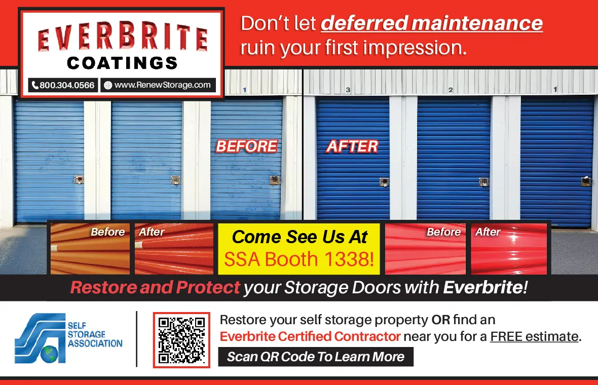 Everbrite Coatings ad comparing restored blue storage doors before and after coating.