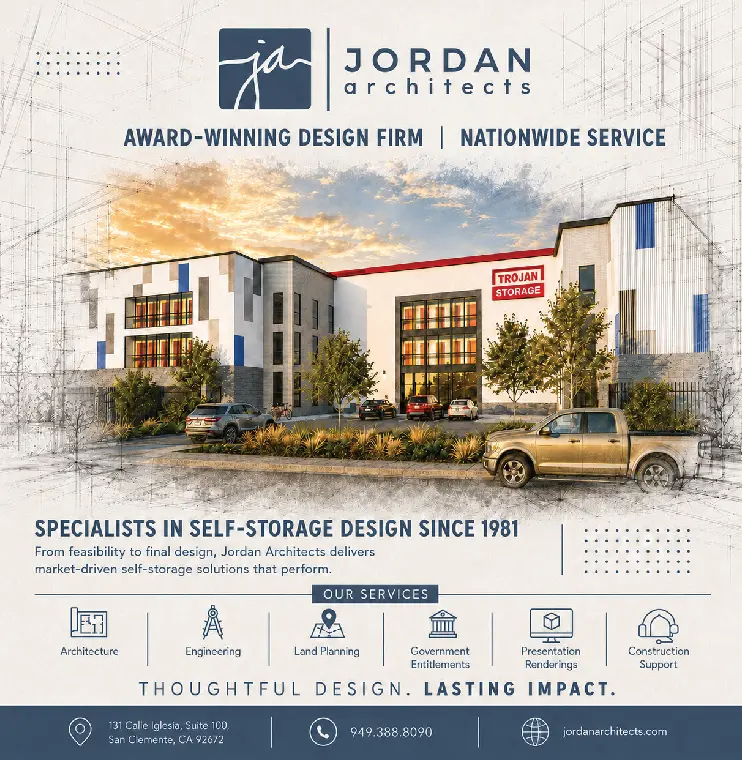 Jordan Architects ad featuring a rendering of a multistory self-storage facility.