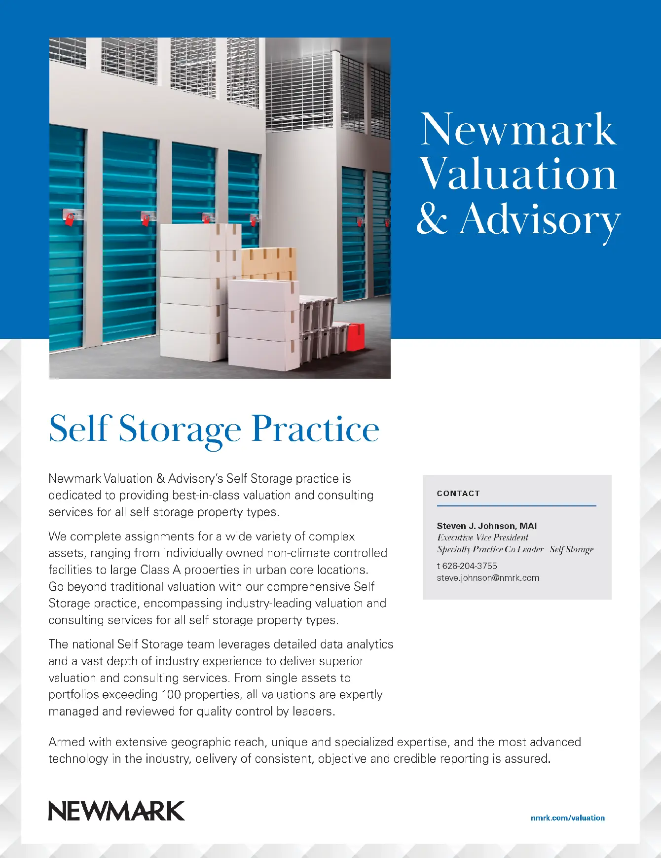 Newmark Valuation & Advisory ad featuring storage units and information about its self-storage practice.
