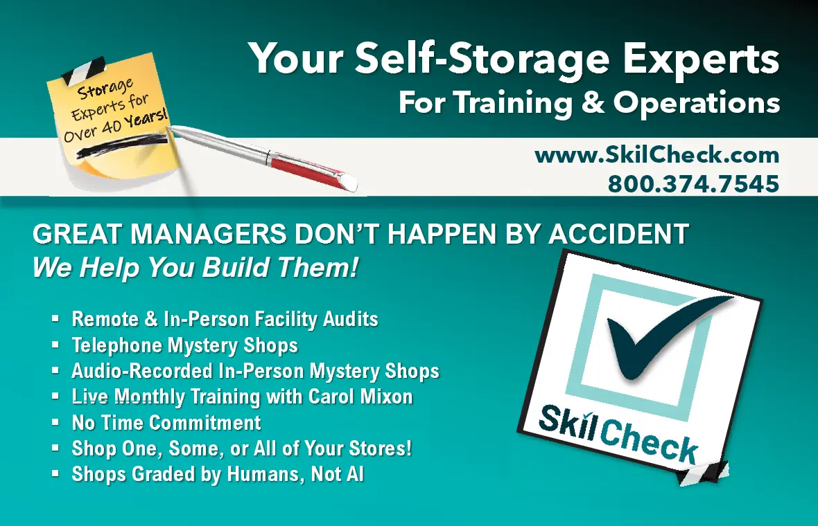 SkilCheck ad promoting training and operations services for self-storage managers.