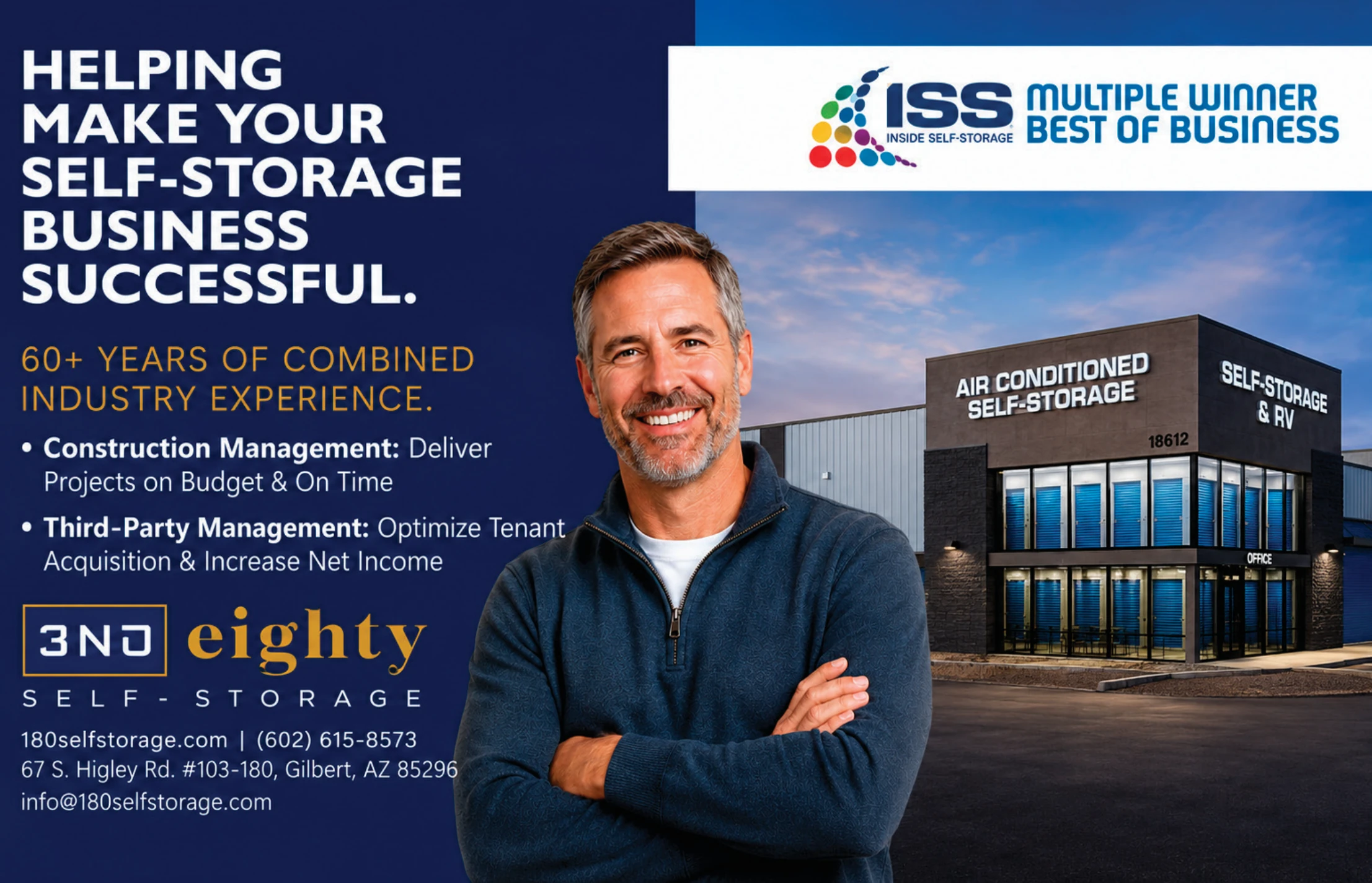 180 Self Storage ad featuring a manager beside an air-conditioned self-storage and RV facility and promoting construction and third-party management services.