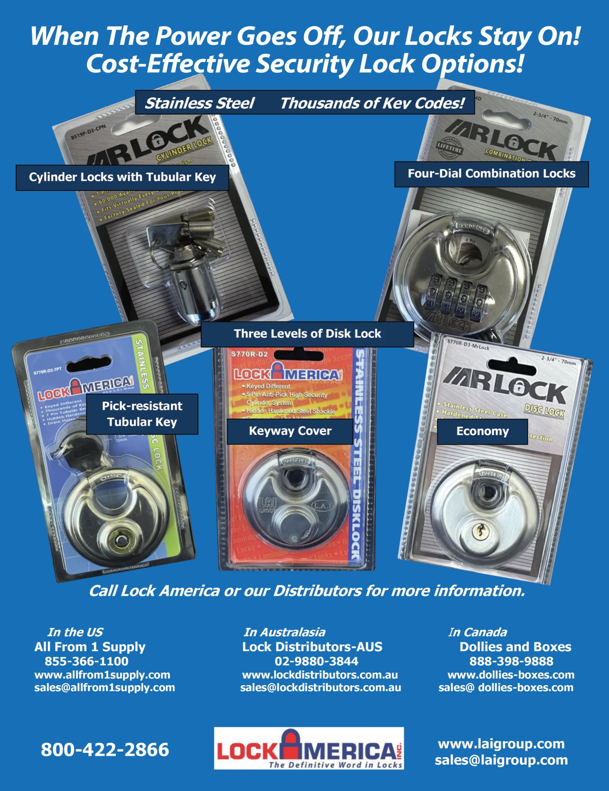 Lock America ad displaying stainless-steel cylinder and disk lock options for self-storage facilities.