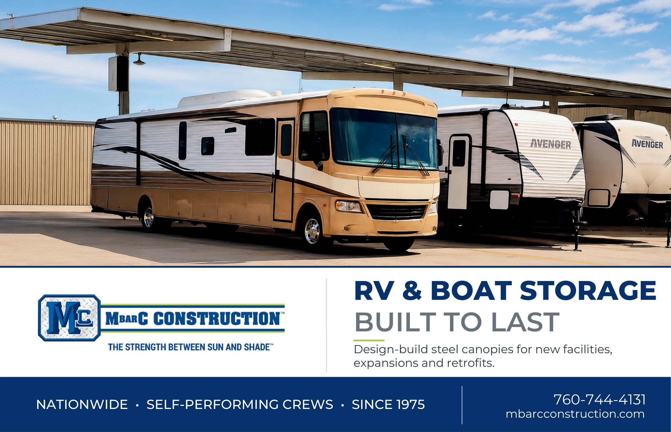 M Bar C Construction ad featuring motorhomes and travel trailers under a steel canopy and promoting RV and boat storage construction.